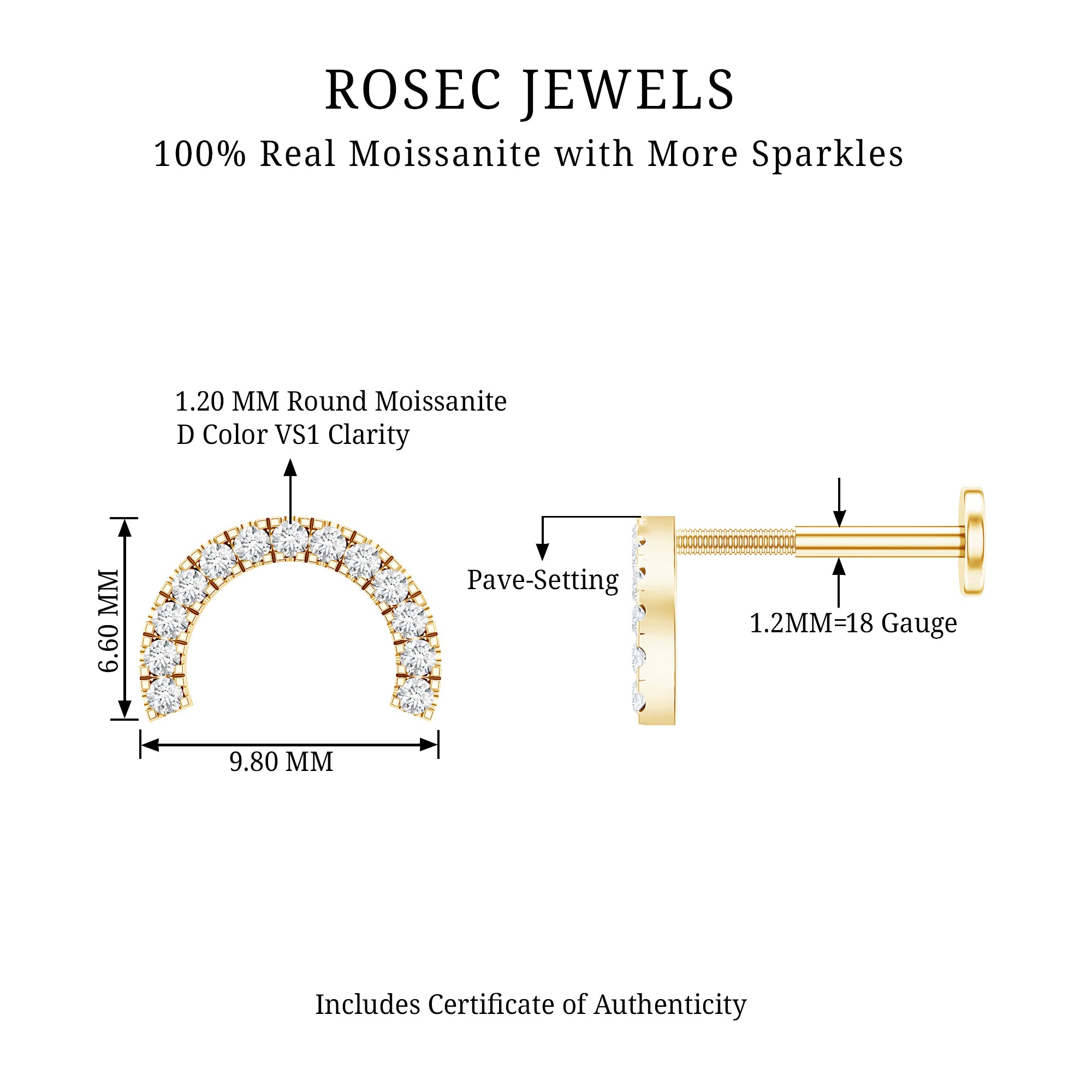 Moissanite Half Circle Earring for Helix Piercing D-VS1 - Rosec Jewels