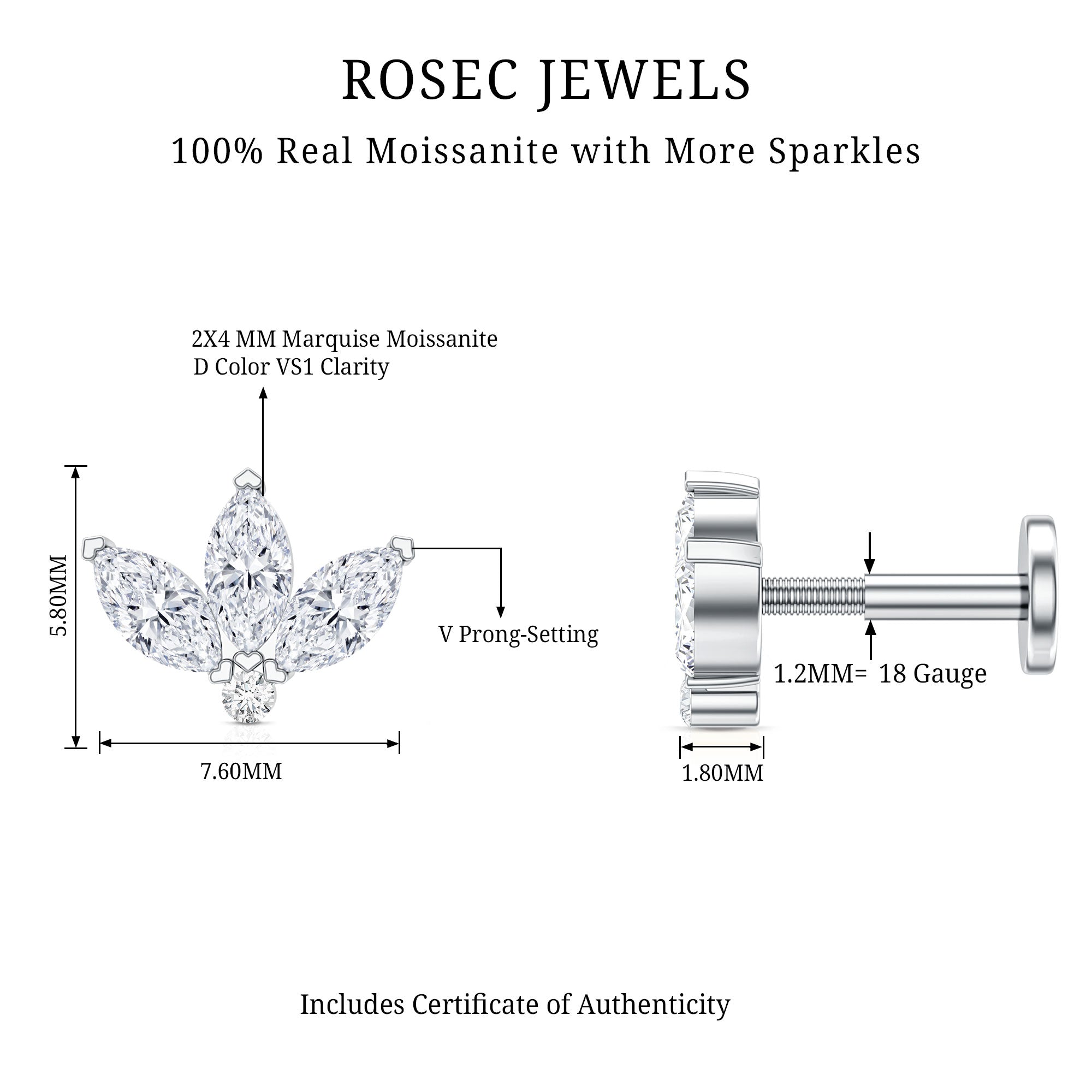 Marquise Moissanite Lotus Flower Helix Earring D-VS1 - Rosec Jewels