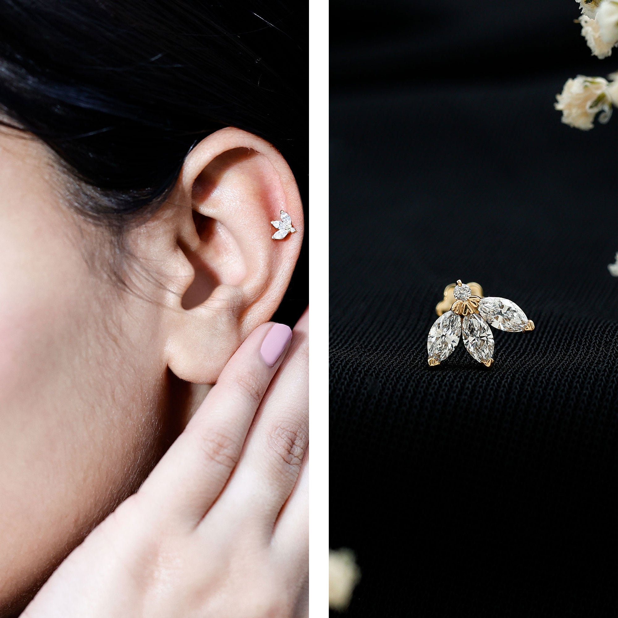Marquise Moissanite Lotus Flower Helix Earring D-VS1 - Rosec Jewels