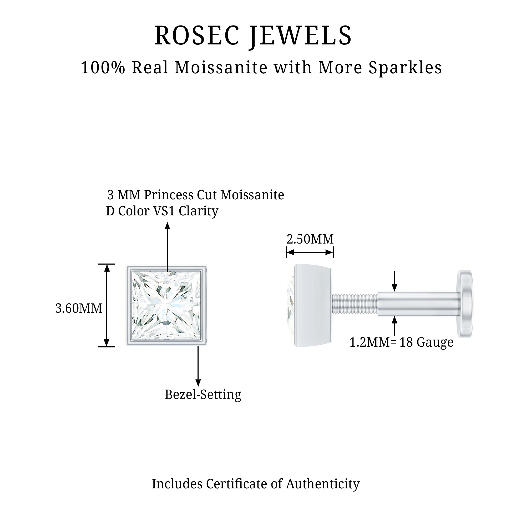 Princess Cut Moissanite Solitaire Conch Earring D-VS1 - Rosec Jewels