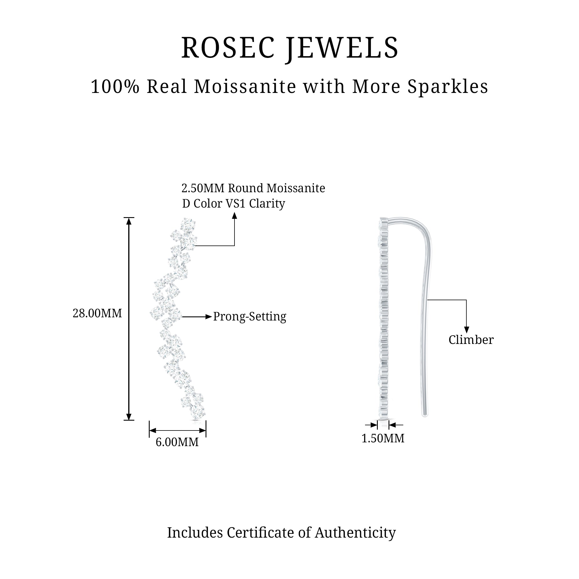 Certified Round Moissanite Cluster Climber Earring D-VS1 - Rosec Jewels
