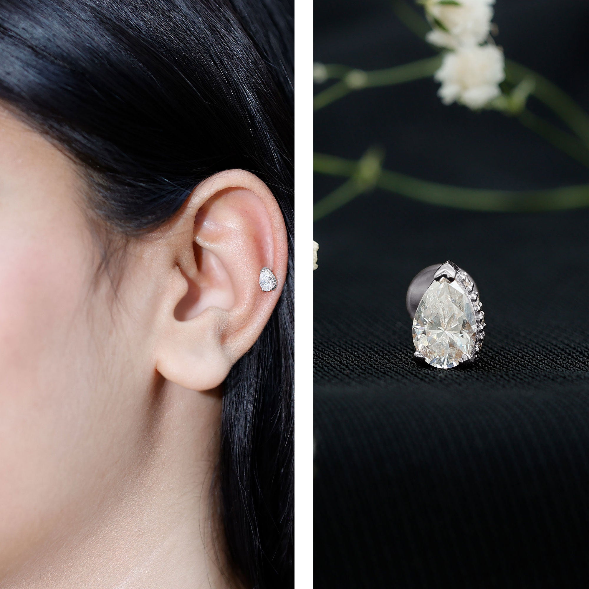 Pear Shaped Moissanite Solitaire Cartilage Earring D-VS1 - Rosec Jewels