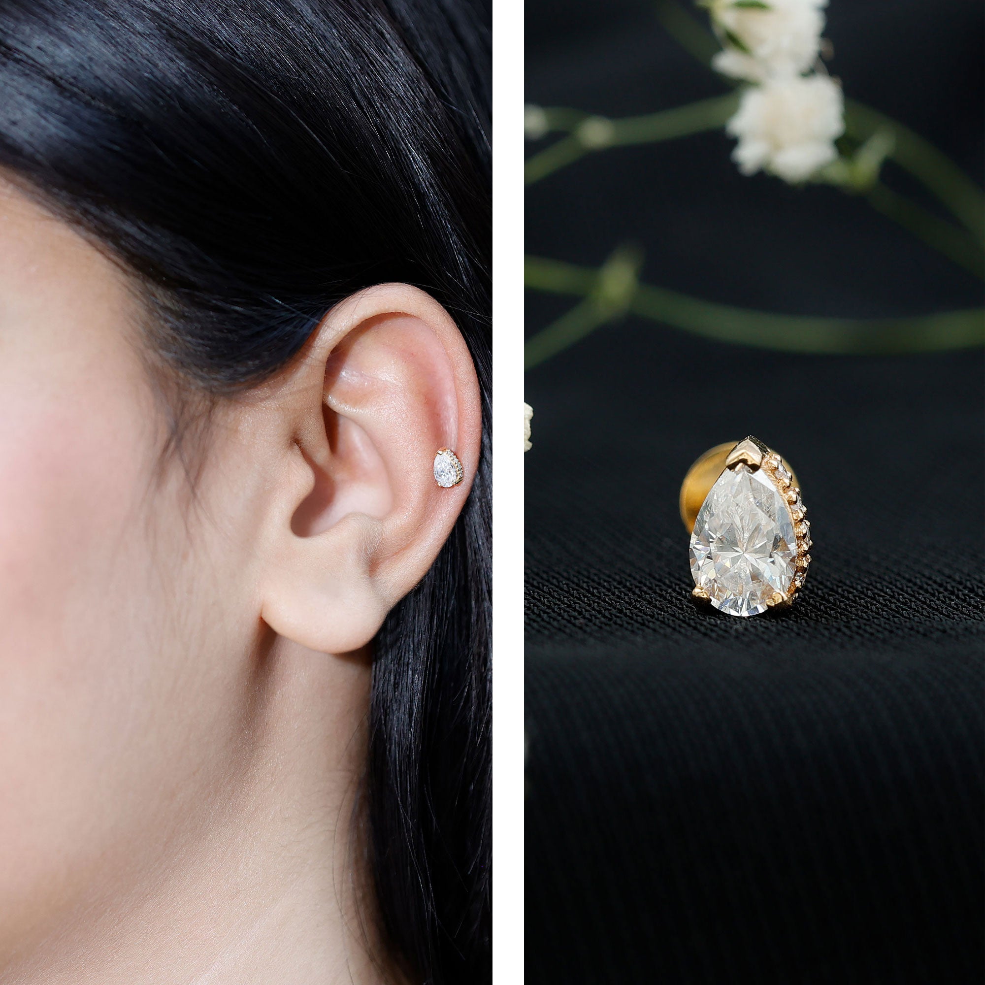 Pear Shaped Moissanite Solitaire Cartilage Earring D-VS1 - Rosec Jewels