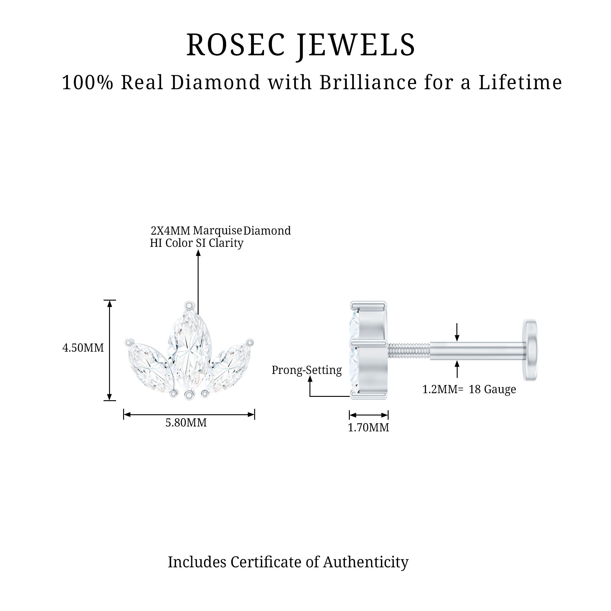 Marquise Cut Diamond Lotus Flower Earring for Helix Piercing Natural - ( HI-SI ) - Rosec Jewels