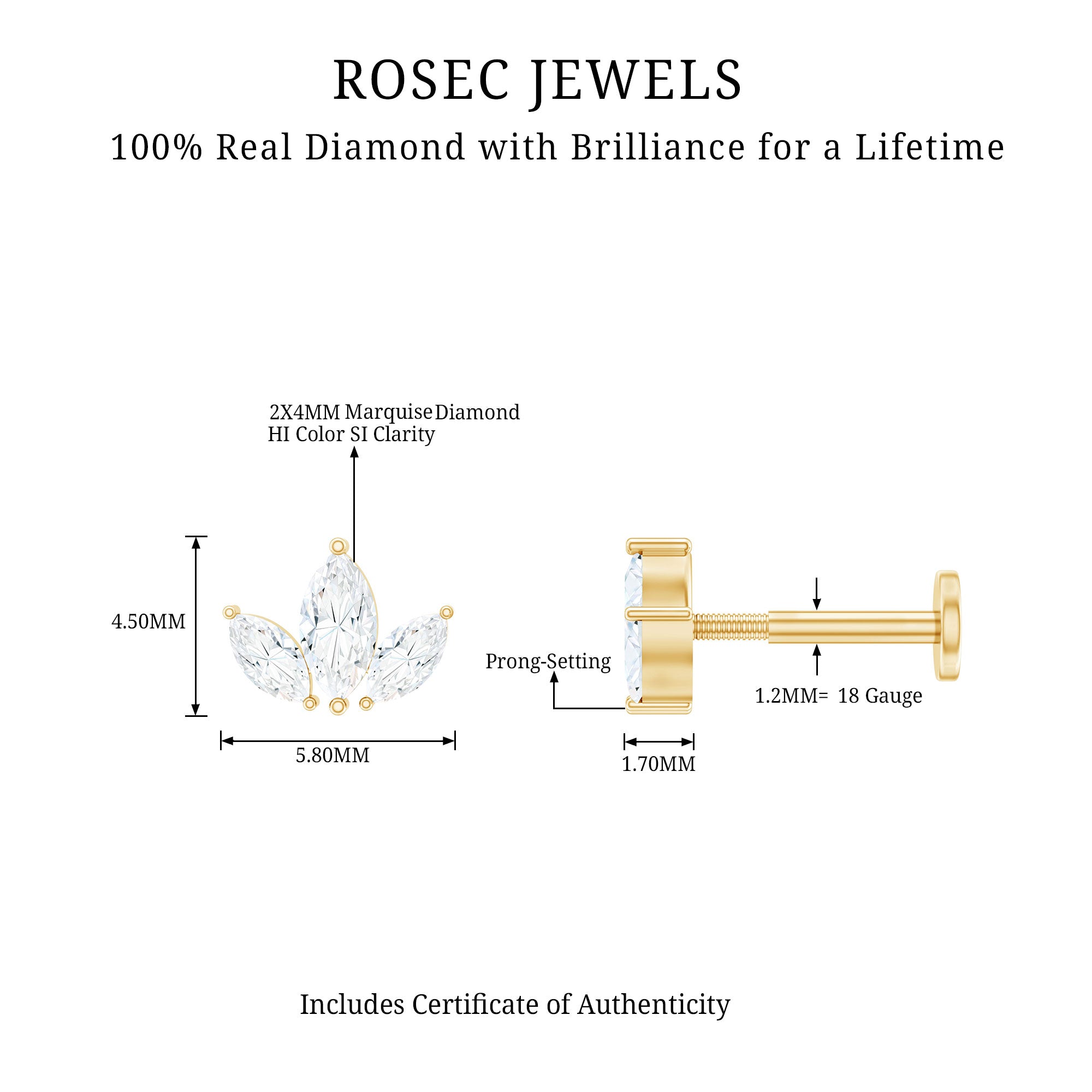 Marquise Cut Diamond Lotus Flower Earring for Helix Piercing Natural - ( HI-SI ) - Rosec Jewels