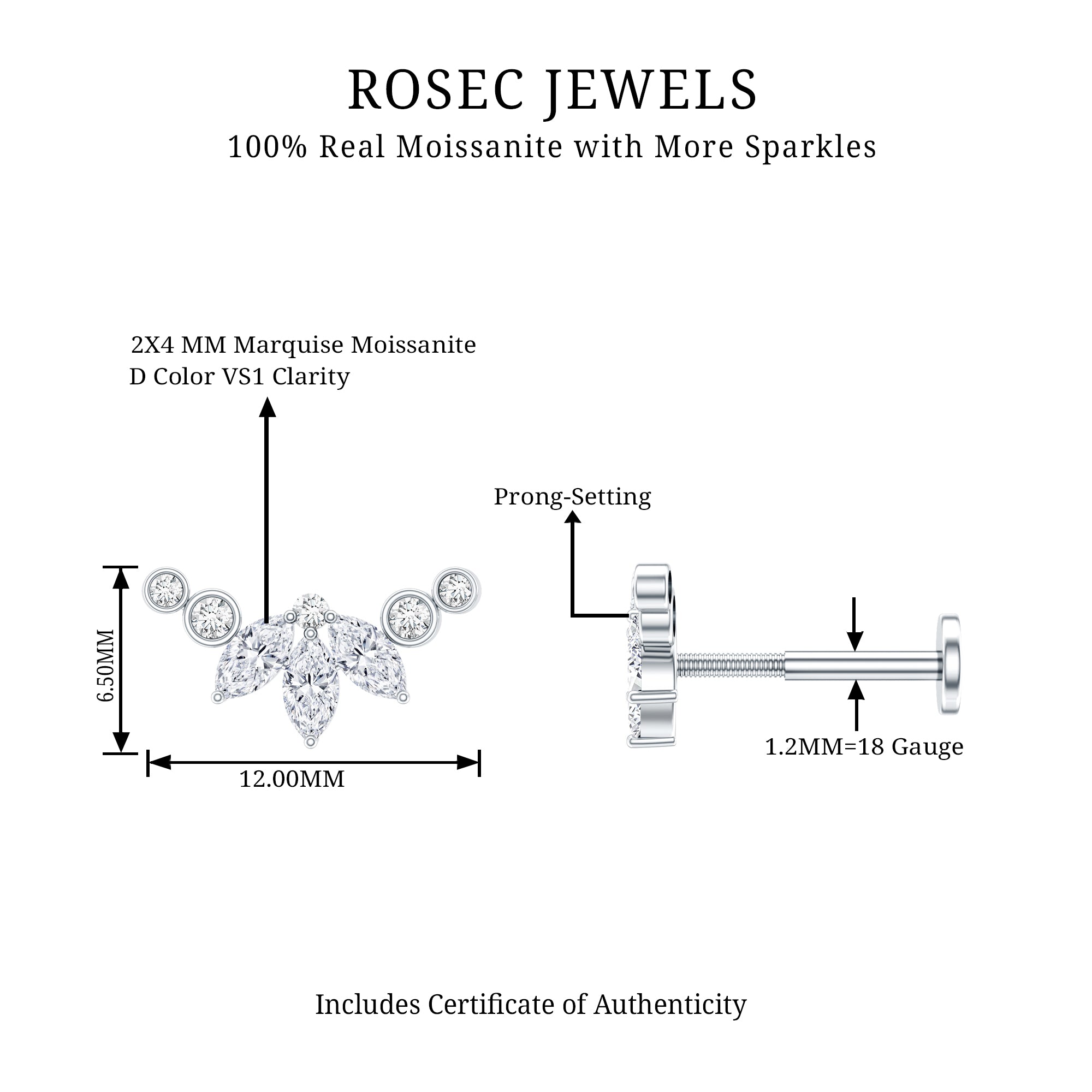 Marquise Moissanite Curved Crawler Earring for Helix Piercing D-VS1 - Rosec Jewels