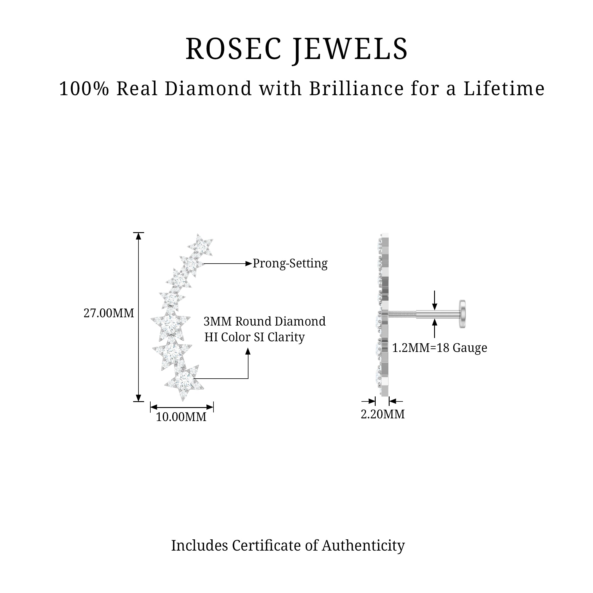 Graduated Diamond Star Crawler Earring for Helix Piercing Natural - ( HI-SI ) - Rosec Jewels