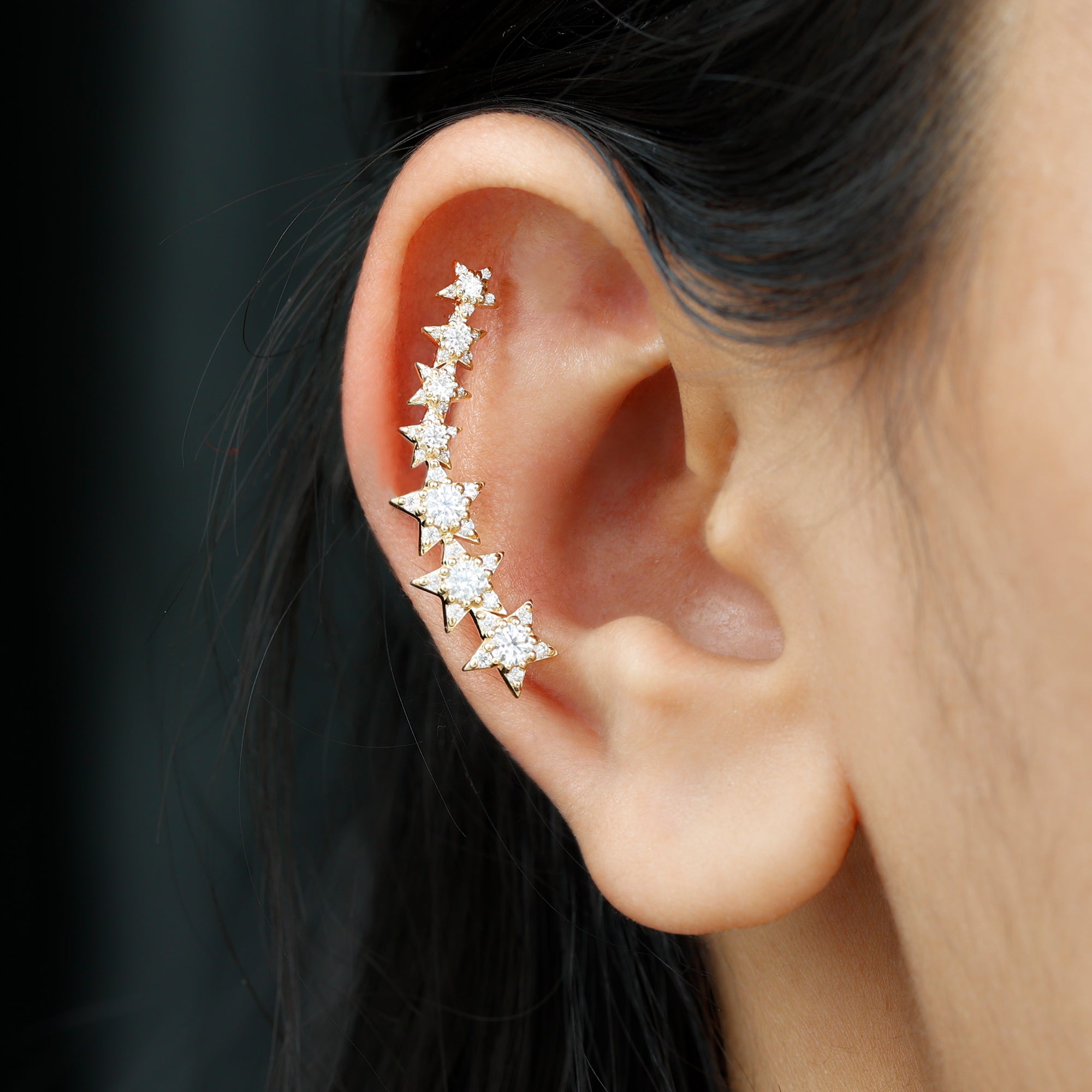 Graduated Diamond Star Crawler Earring for Helix Piercing Natural - ( HI-SI ) - Rosec Jewels