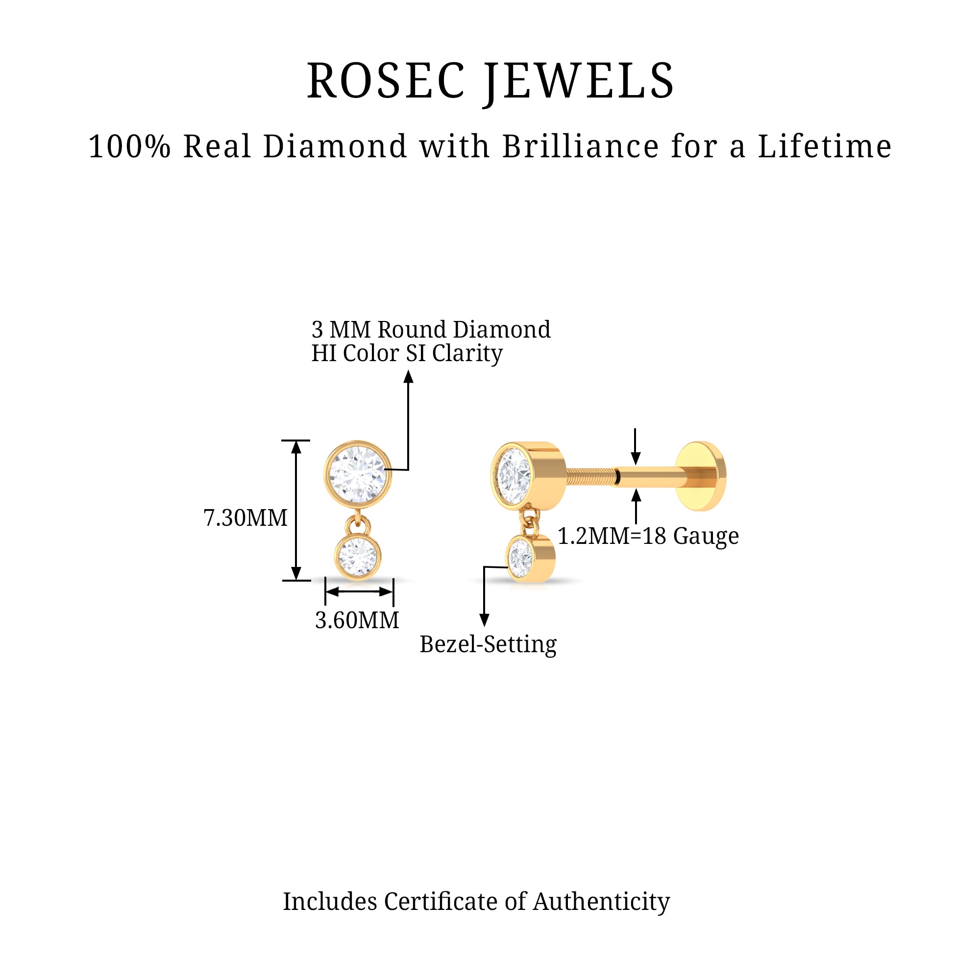 Certified Round Diamond Helix Drop Earring in Bezel Set Natural - ( HI-SI ) - Rosec Jewels