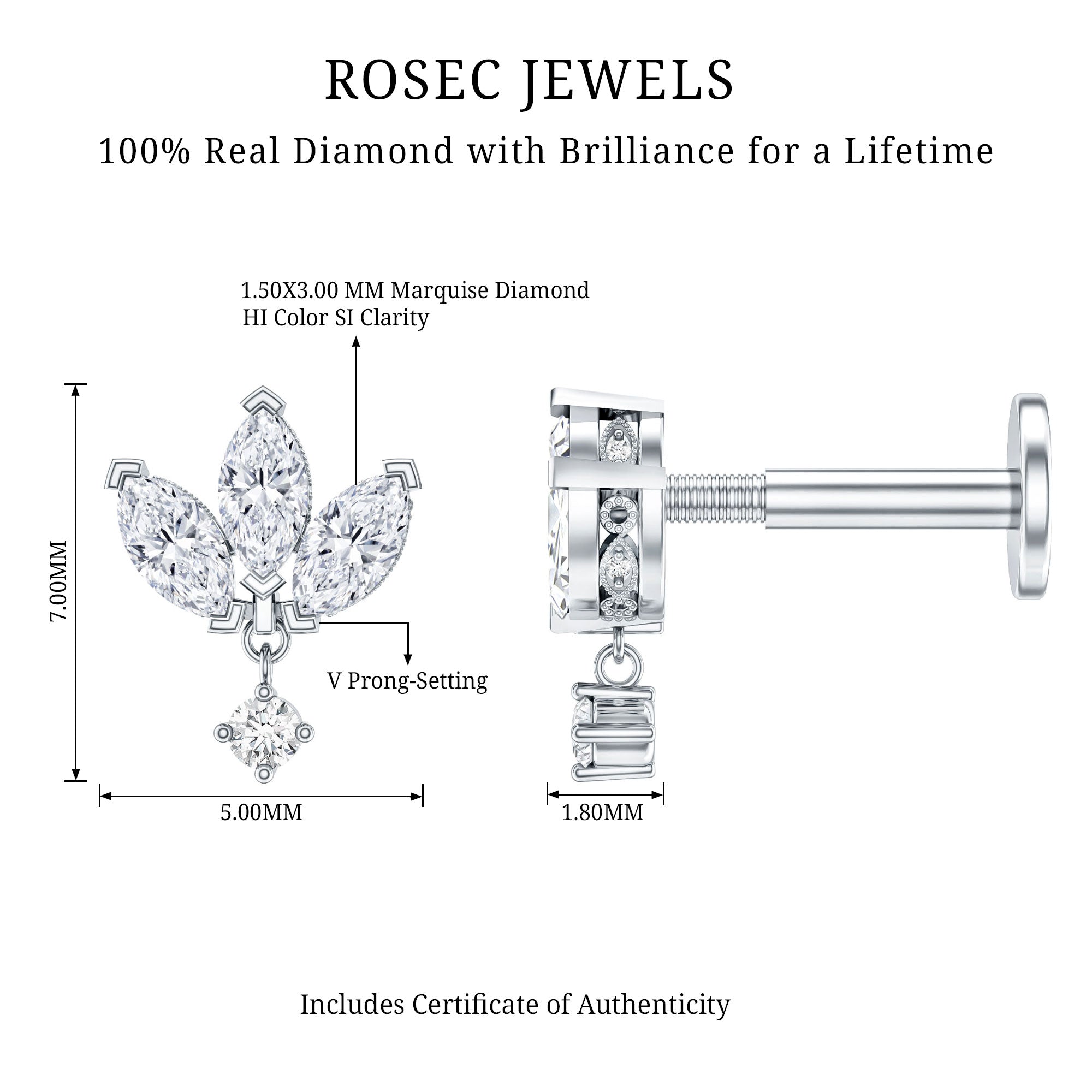 Real Diamond Lotus Flower Drop Earring for Cartilage Piercing Natural - ( HI-SI ) - Rosec Jewels