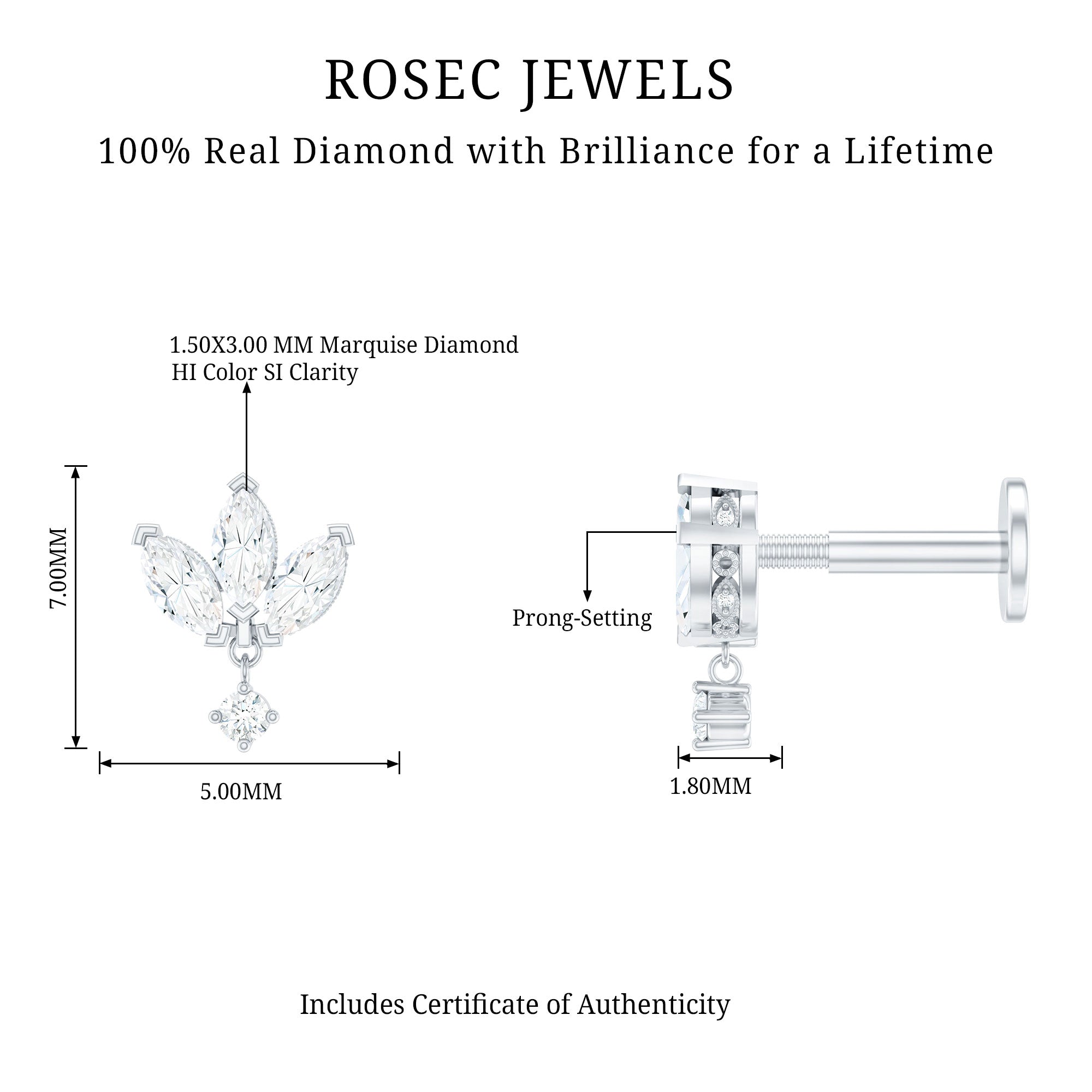 Real Diamond Lotus Flower Drop Earring for Cartilage Piercing Natural - ( HI-SI ) - Rosec Jewels