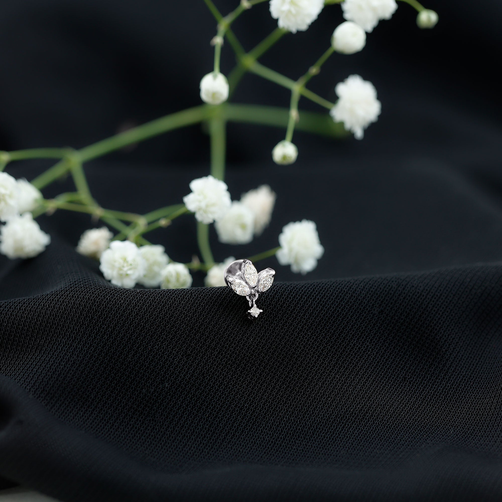 Real Diamond Lotus Flower Drop Earring for Cartilage Piercing Natural - ( HI-SI ) - Rosec Jewels