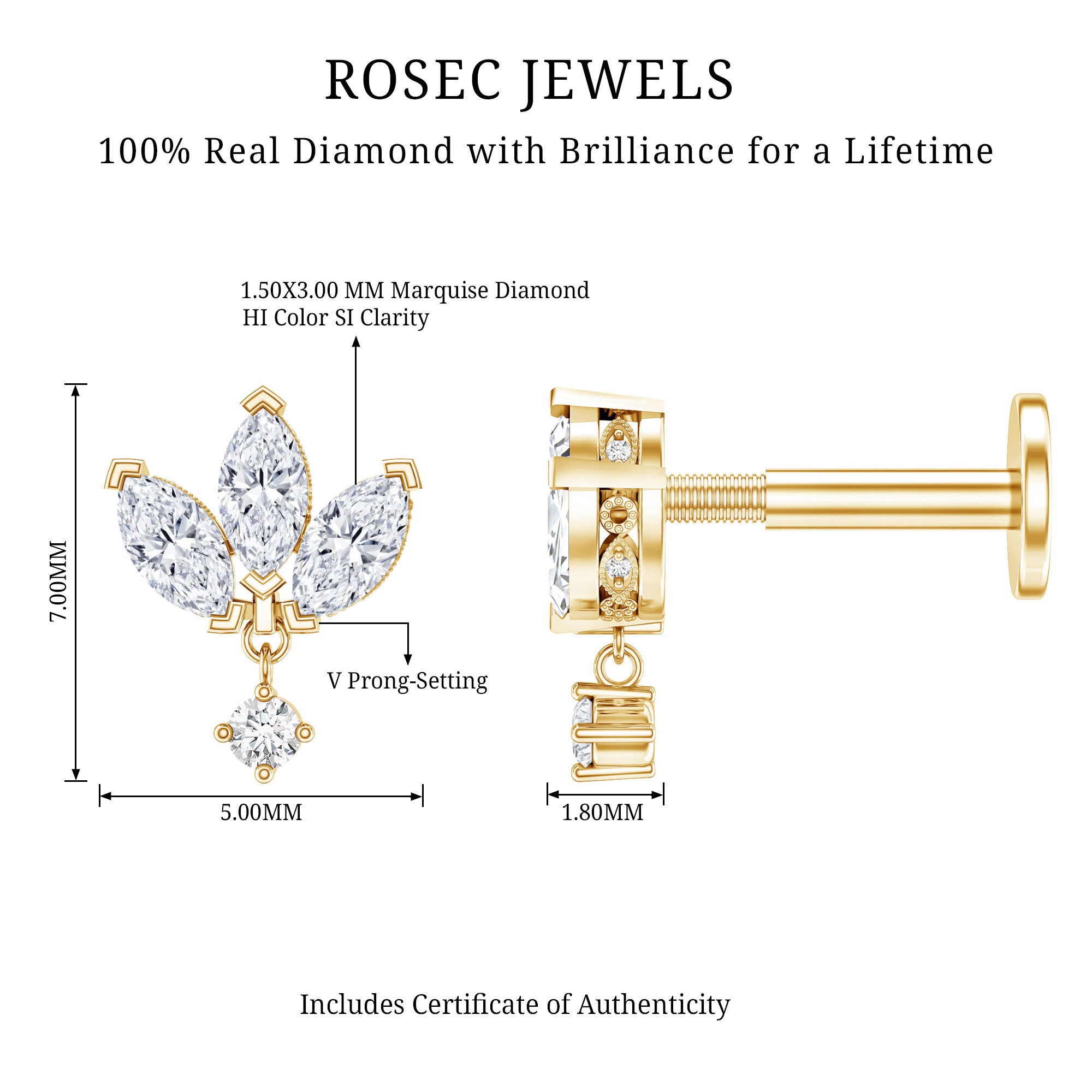 Real Diamond Lotus Flower Drop Earring for Cartilage Piercing Natural - ( HI-SI ) - Rosec Jewels