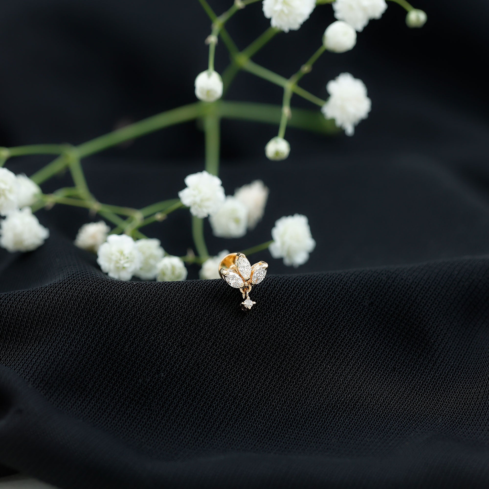 Real Diamond Lotus Flower Drop Earring for Cartilage Piercing Natural - ( HI-SI ) - Rosec Jewels