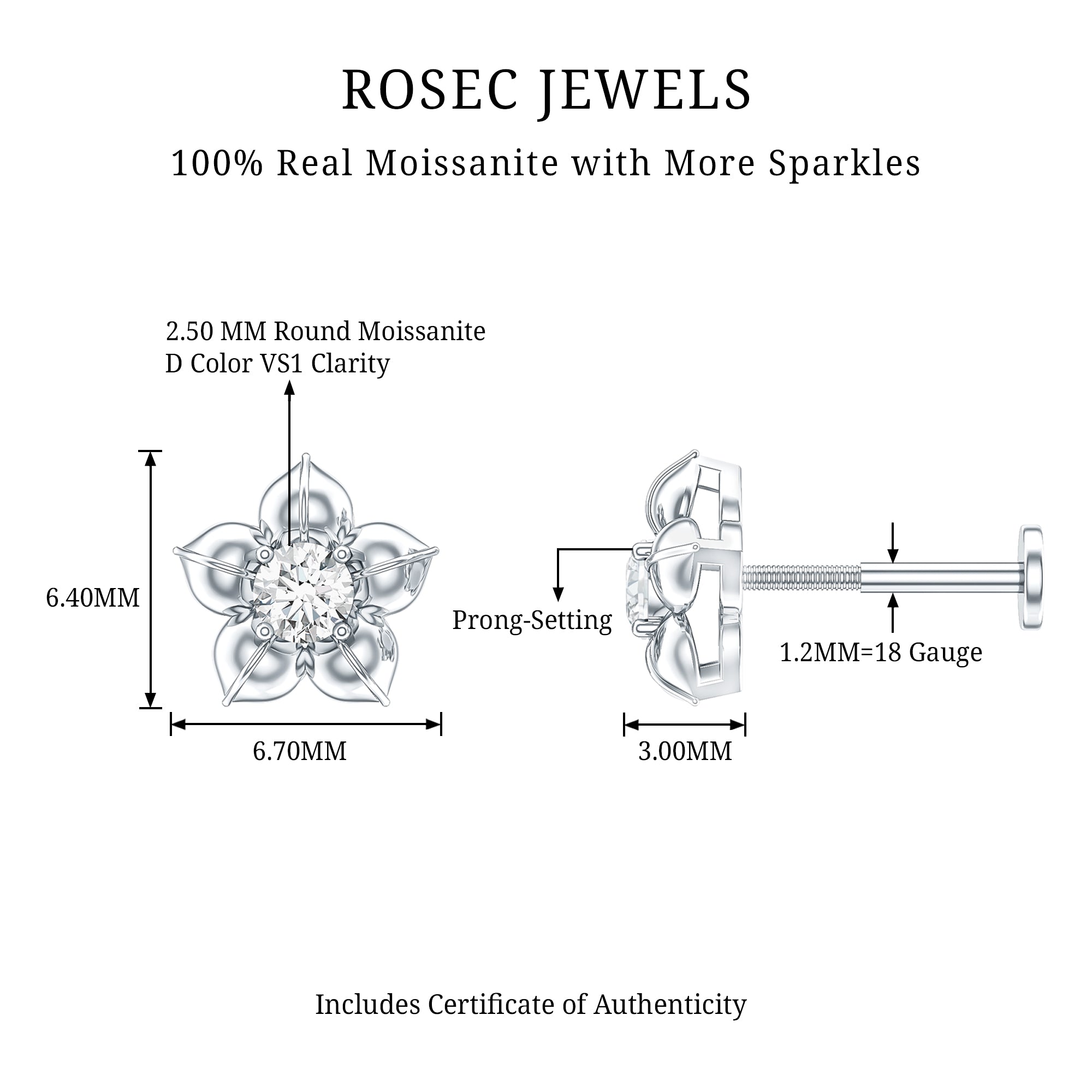 Round Moissanite Flower Earring for Helix Piercing D-VS1 - Rosec Jewels