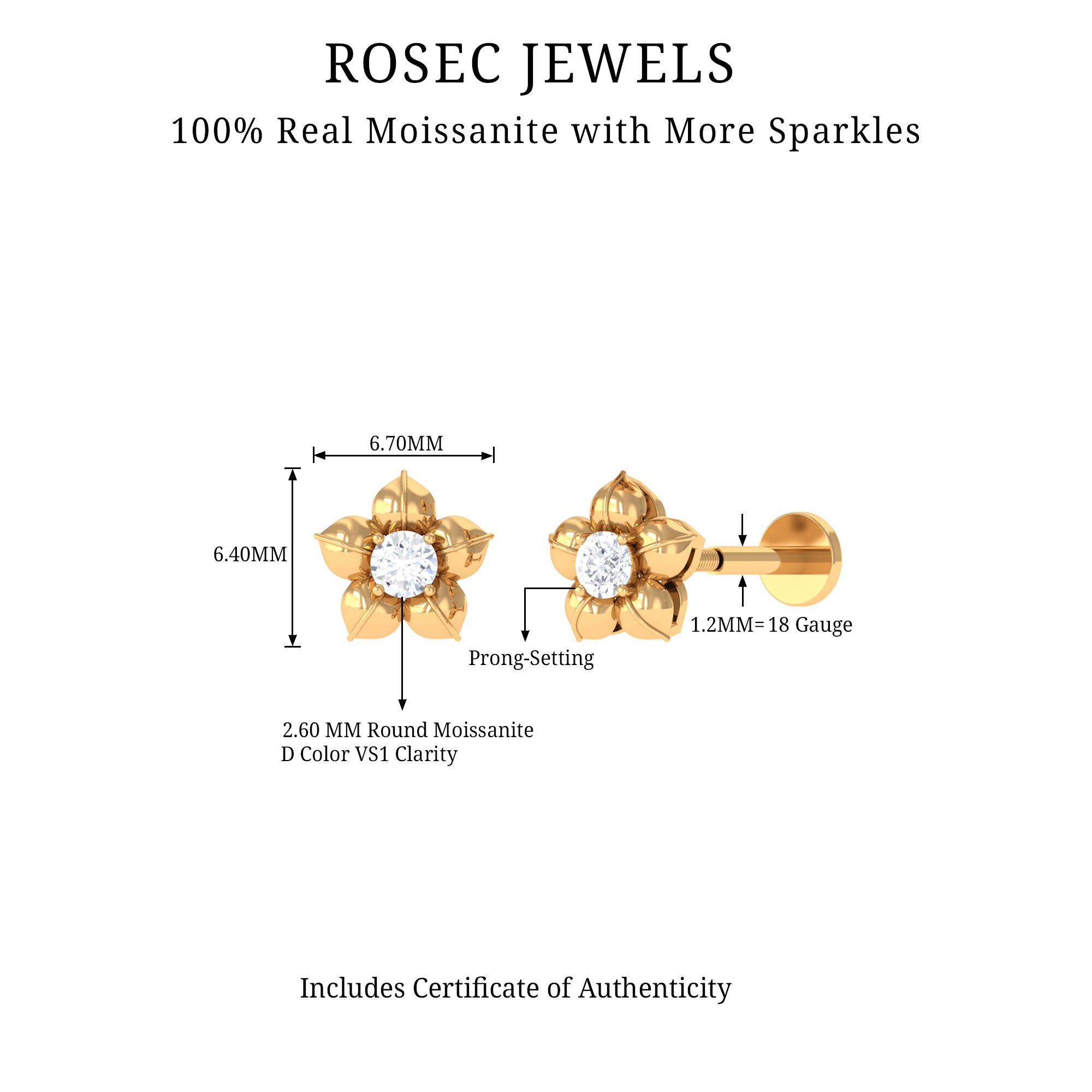 Round Moissanite Flower Earring for Helix Piercing D-VS1 - Rosec Jewels