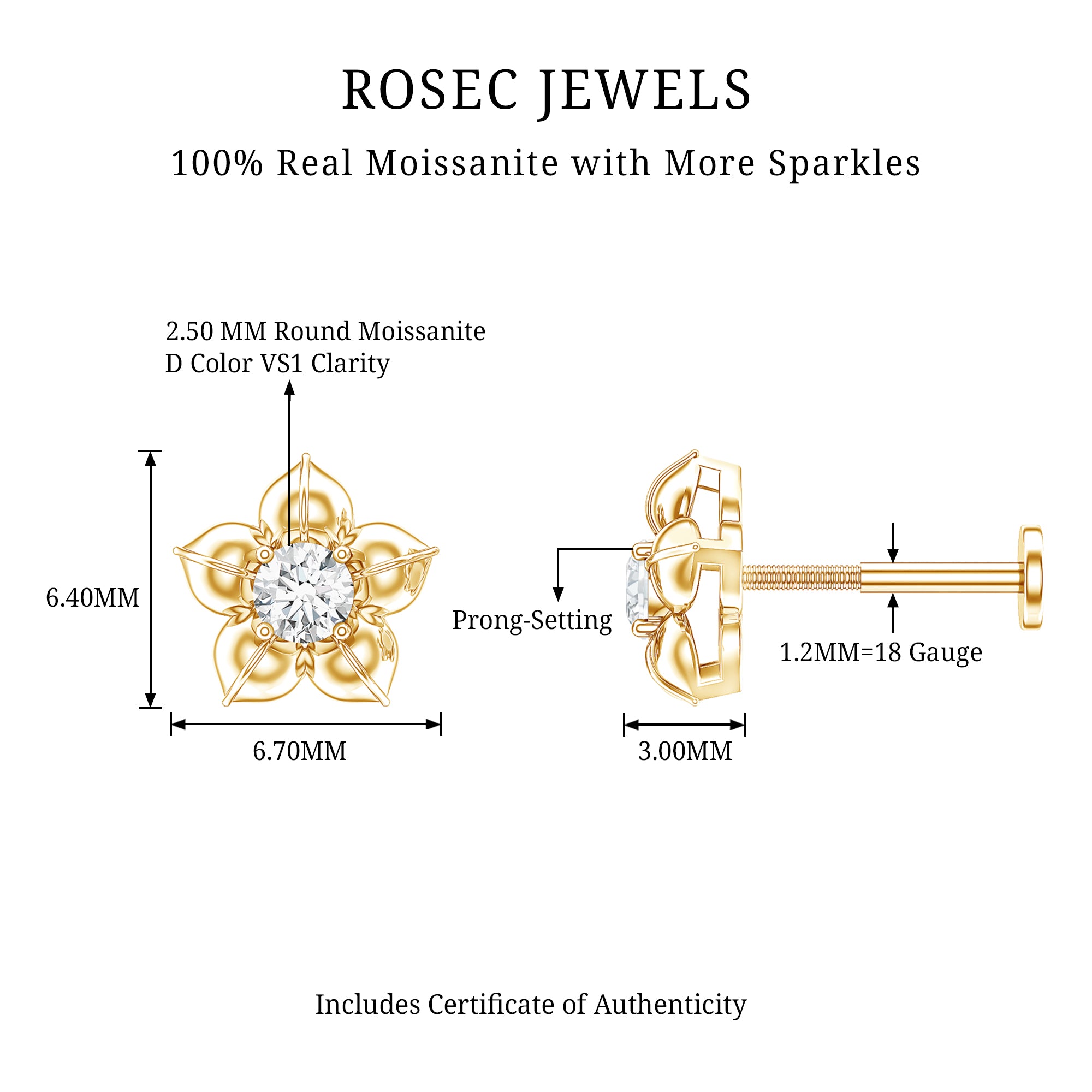 Round Moissanite Flower Earring for Helix Piercing D-VS1 - Rosec Jewels