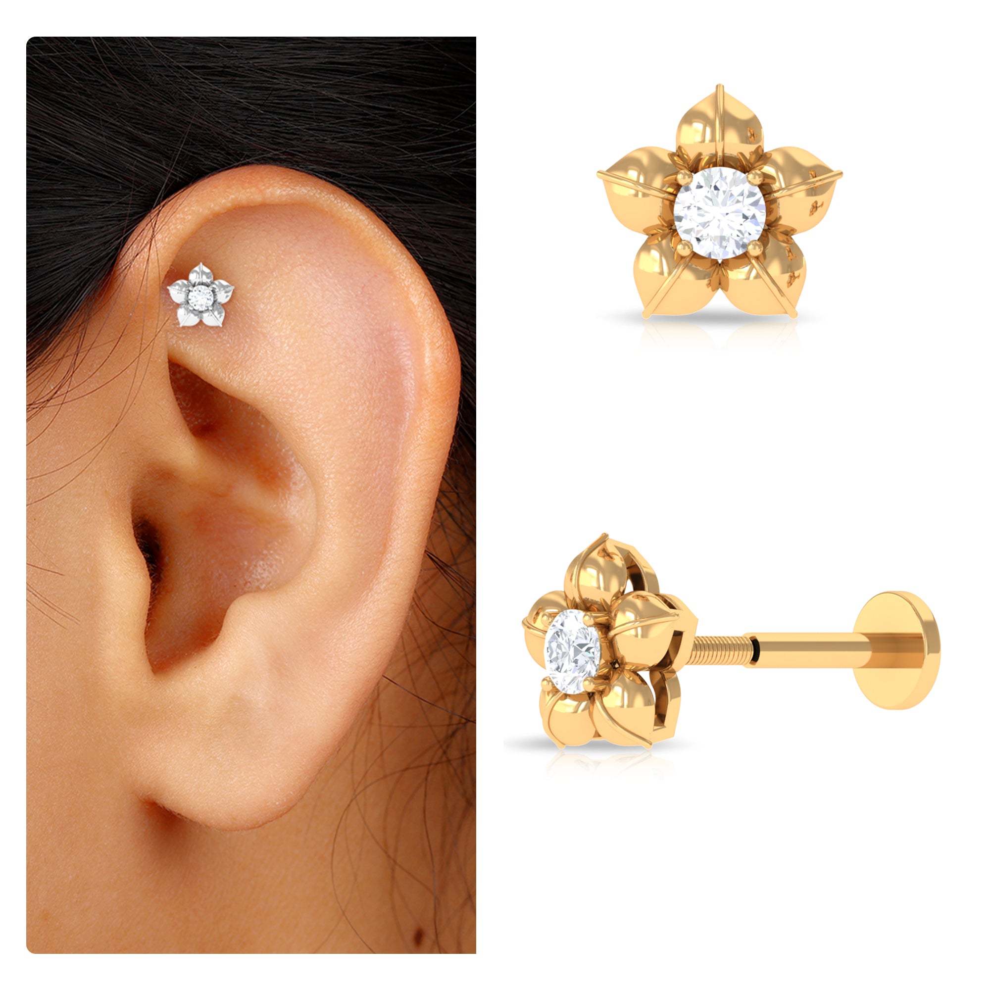 Round Moissanite Flower Earring for Helix Piercing D-VS1 - Rosec Jewels