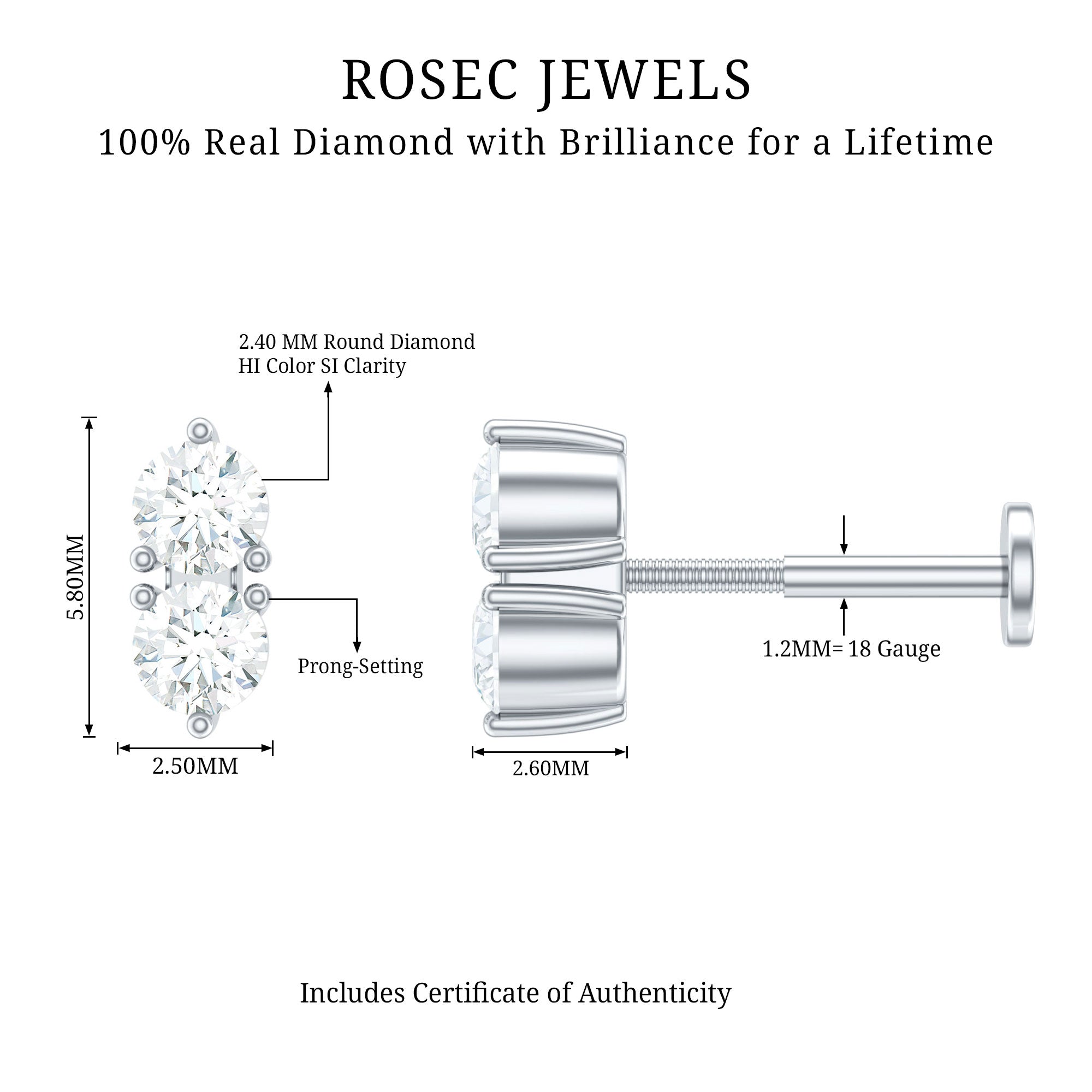 Natural Diamond 2 Stone Earring for Tragus Piercing Natural - ( HI-SI ) - Rosec Jewels