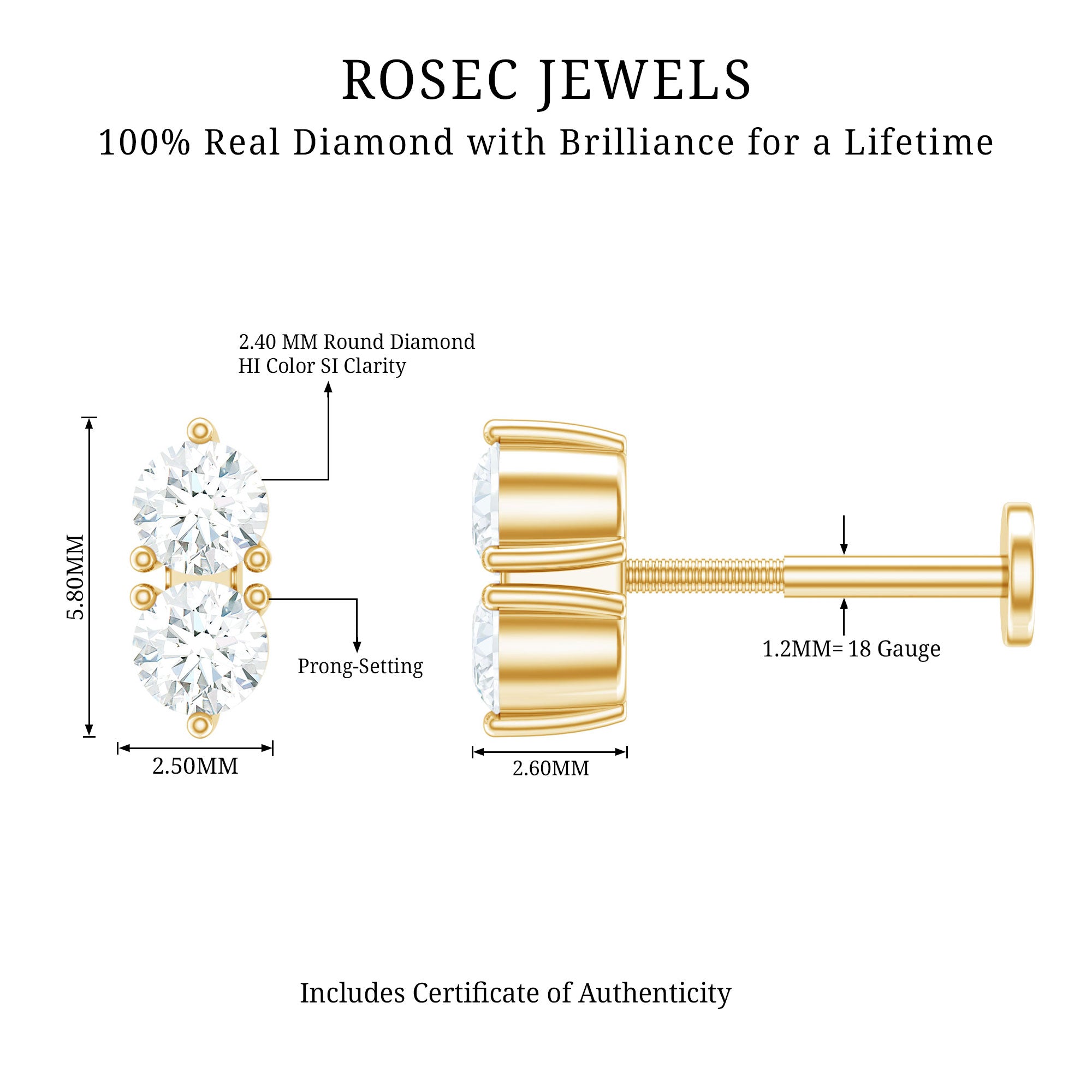Natural Diamond 2 Stone Earring for Tragus Piercing Natural - ( HI-SI ) - Rosec Jewels