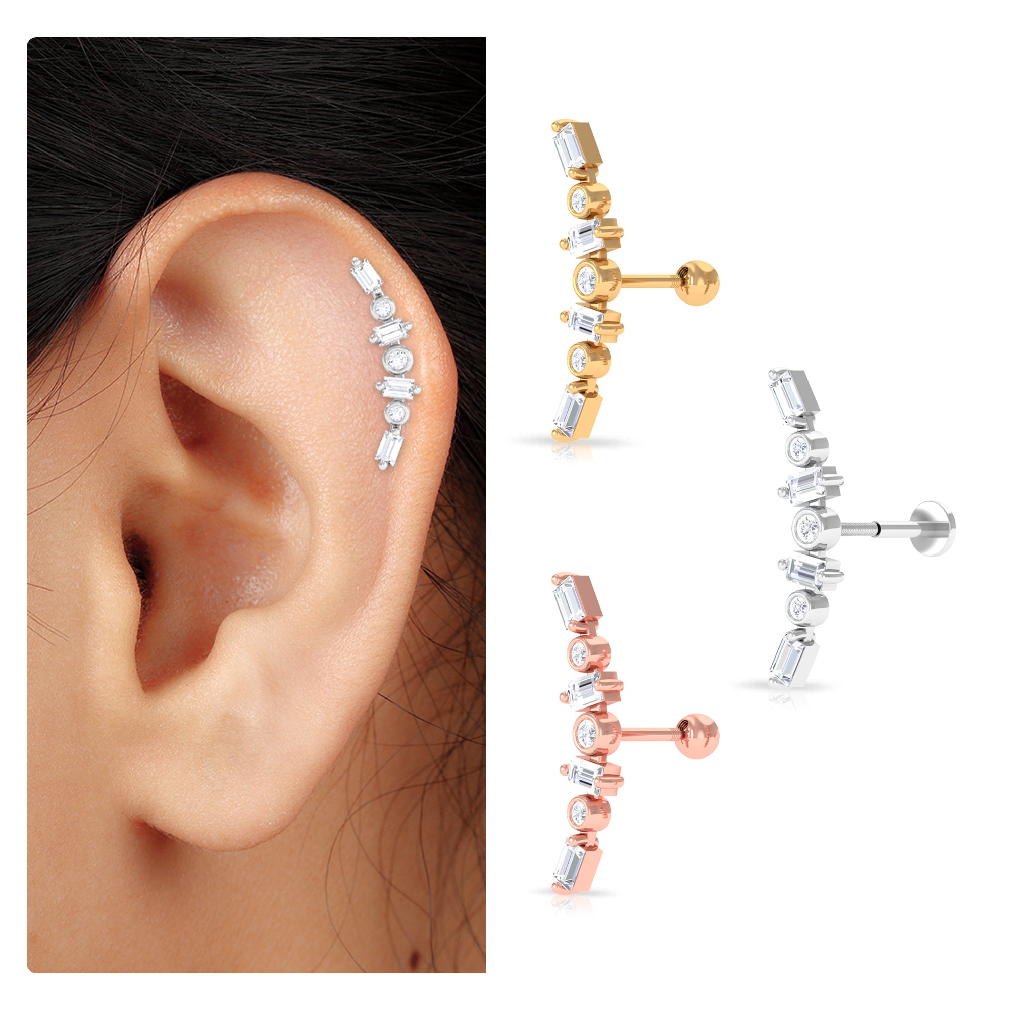 Baguette Moissanite Art Deco Climber Earring for Helix Piercing D-VS1 - Rosec Jewels