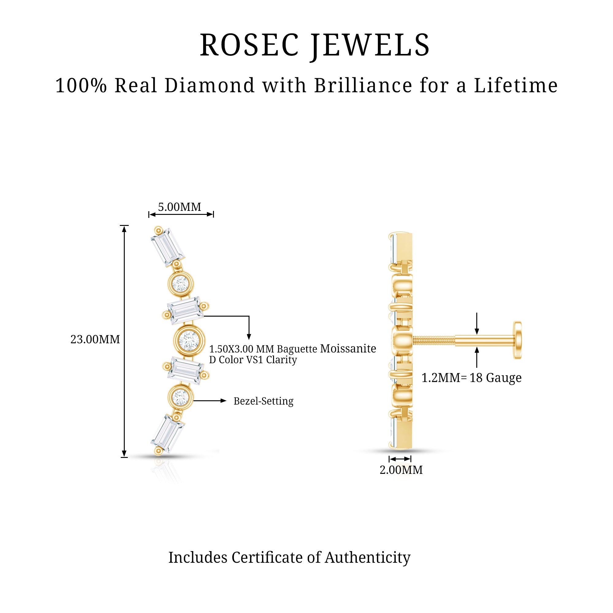 Baguette Moissanite Art Deco Climber Earring for Helix Piercing D-VS1 - Rosec Jewels