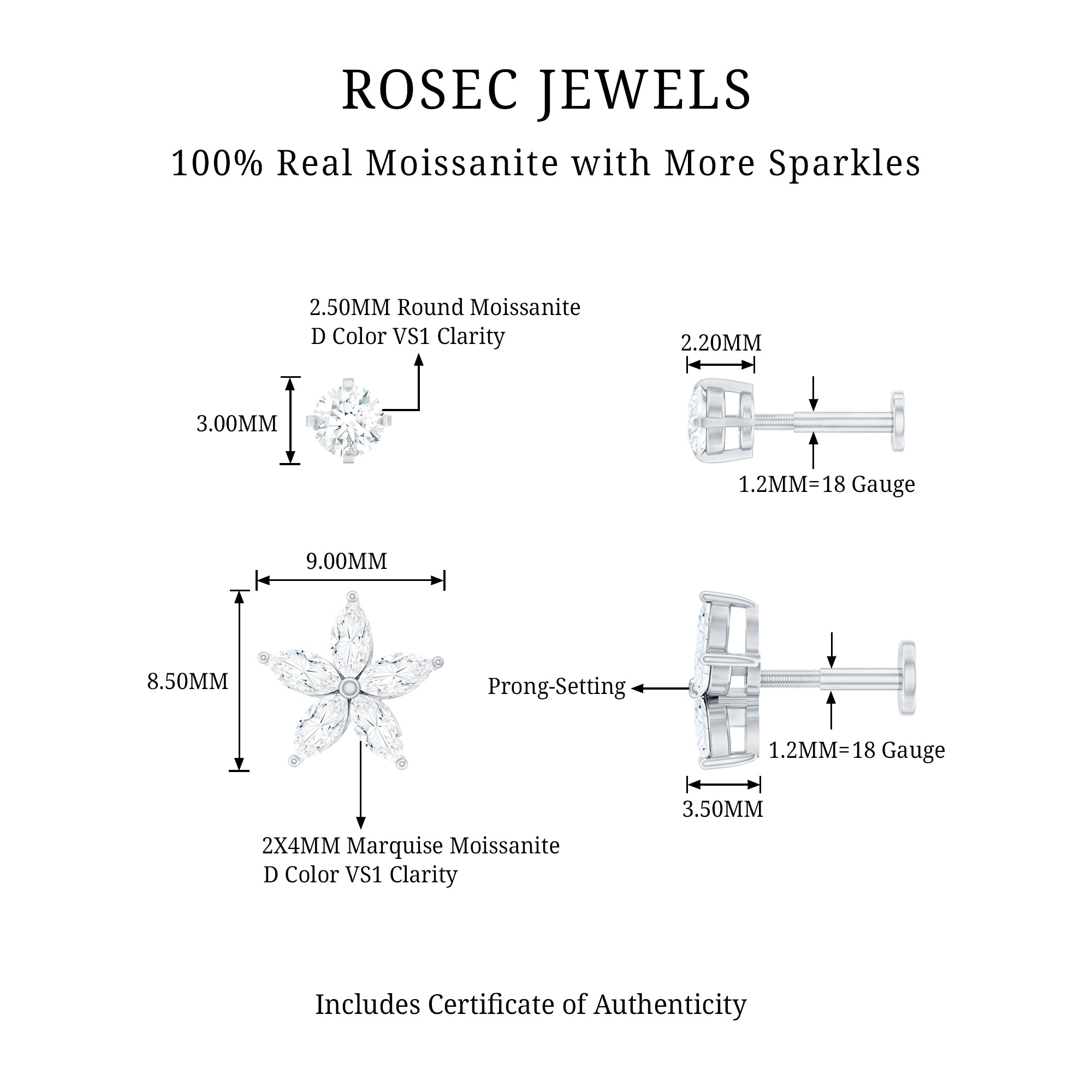 Marquise Moissanite Flower Cartilage Earring Set D-VS1 - Rosec Jewels