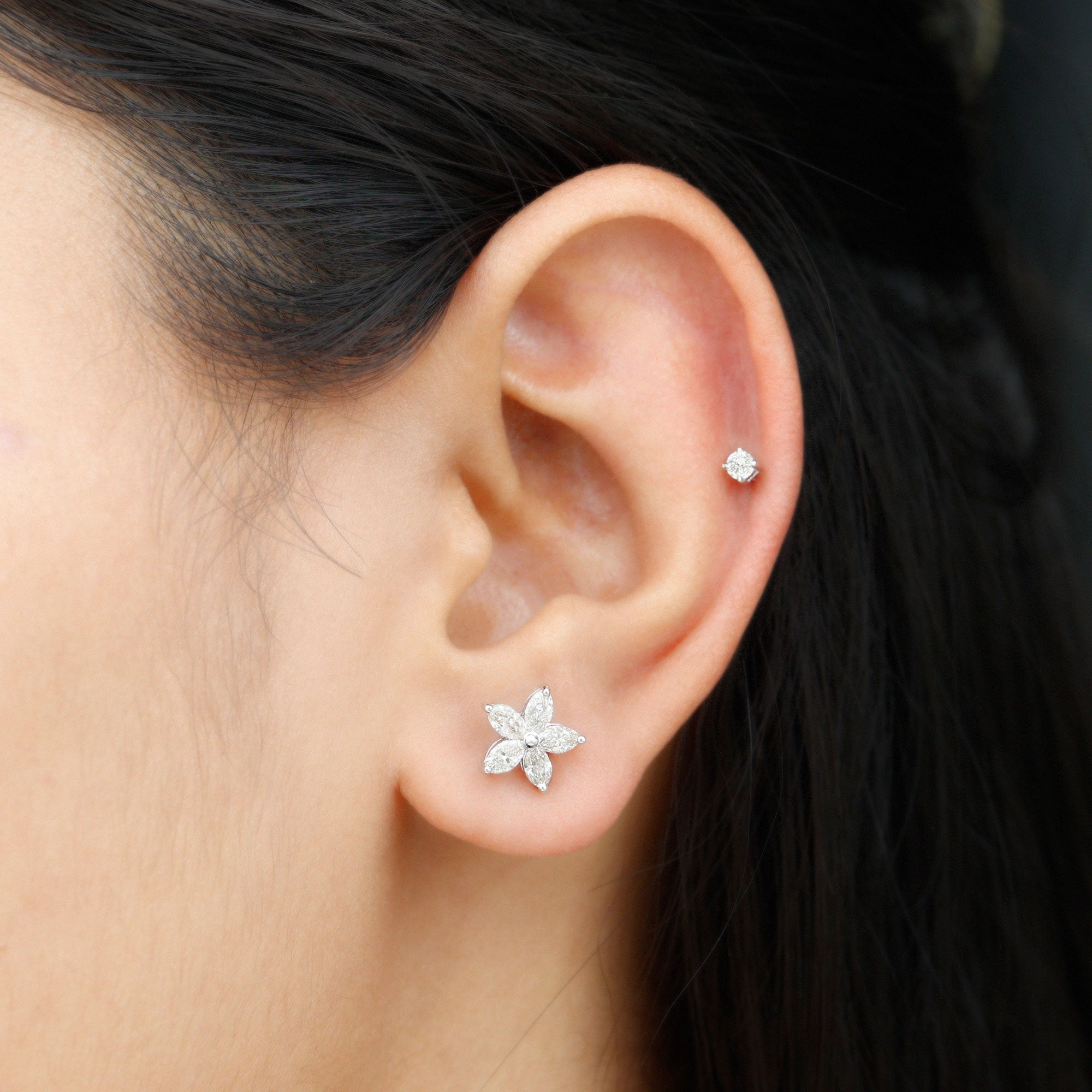 Marquise Moissanite Flower Cartilage Earring Set D-VS1 - Rosec Jewels