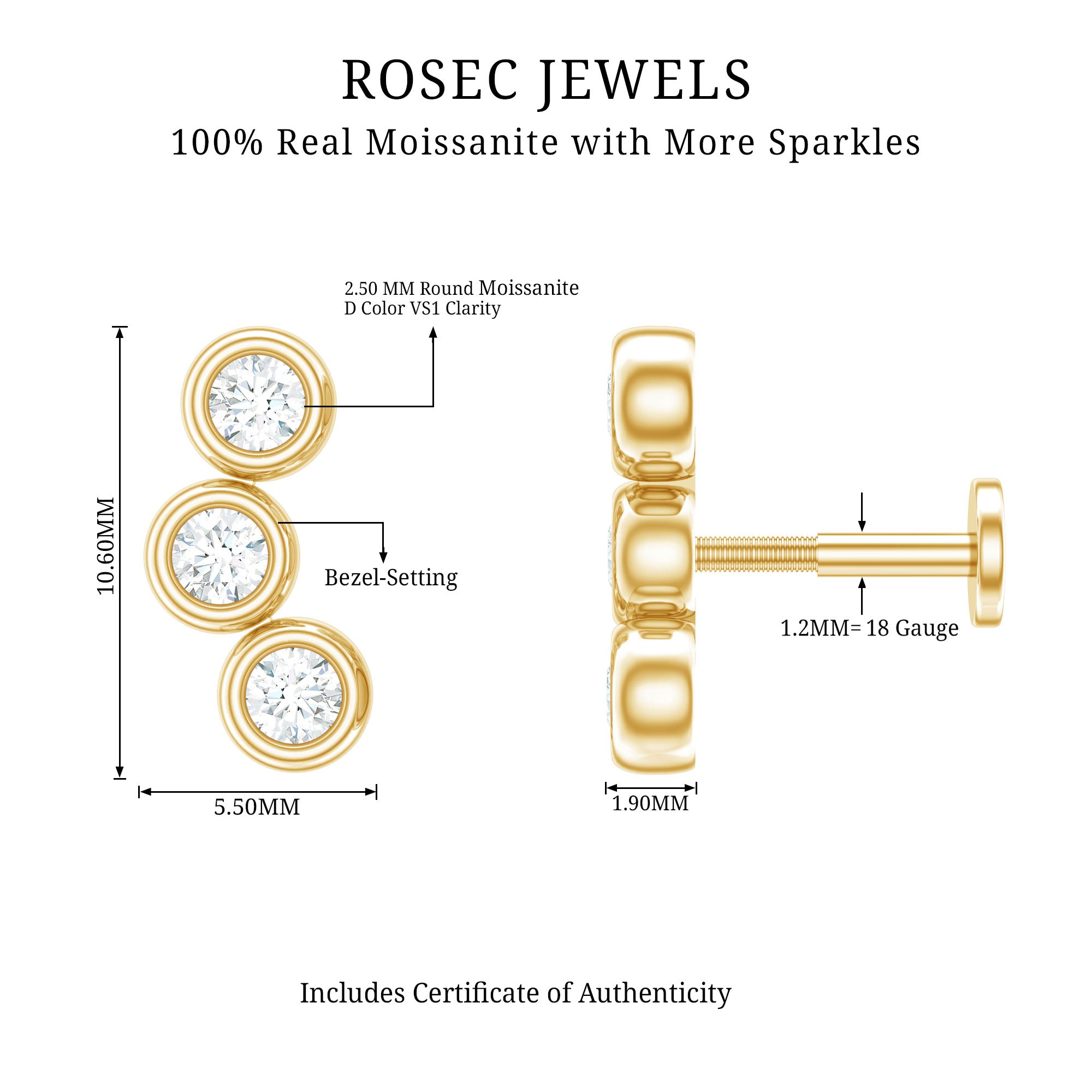 Bezel Set Moissanite Three Stone Crawler Earring D-VS1 - Rosec Jewels
