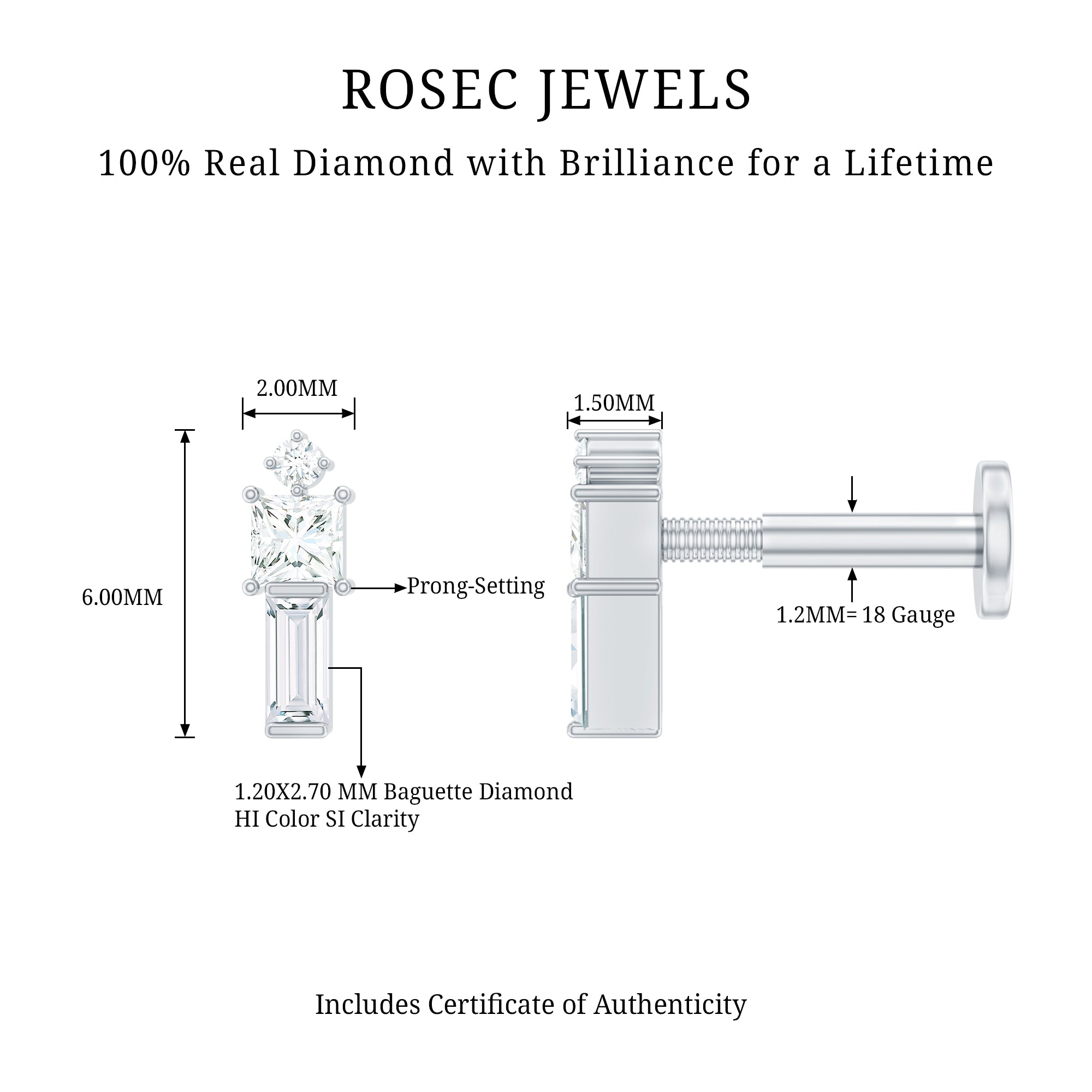 Genuine Diamond Three Stone Bar Tragus Earring Natural - ( HI-SI ) - Rosec Jewels