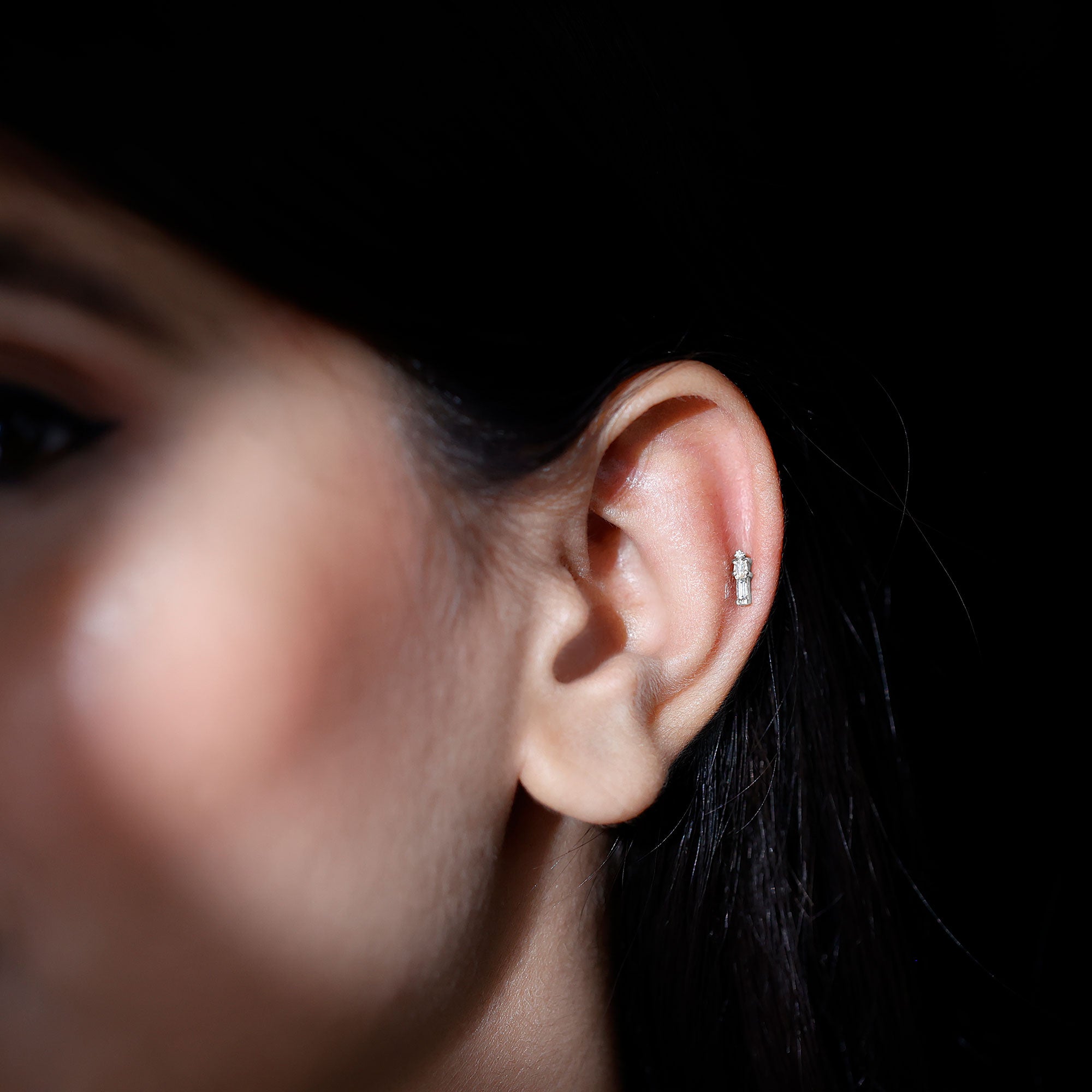 Genuine Diamond Three Stone Bar Tragus Earring Natural - ( HI-SI ) - Rosec Jewels