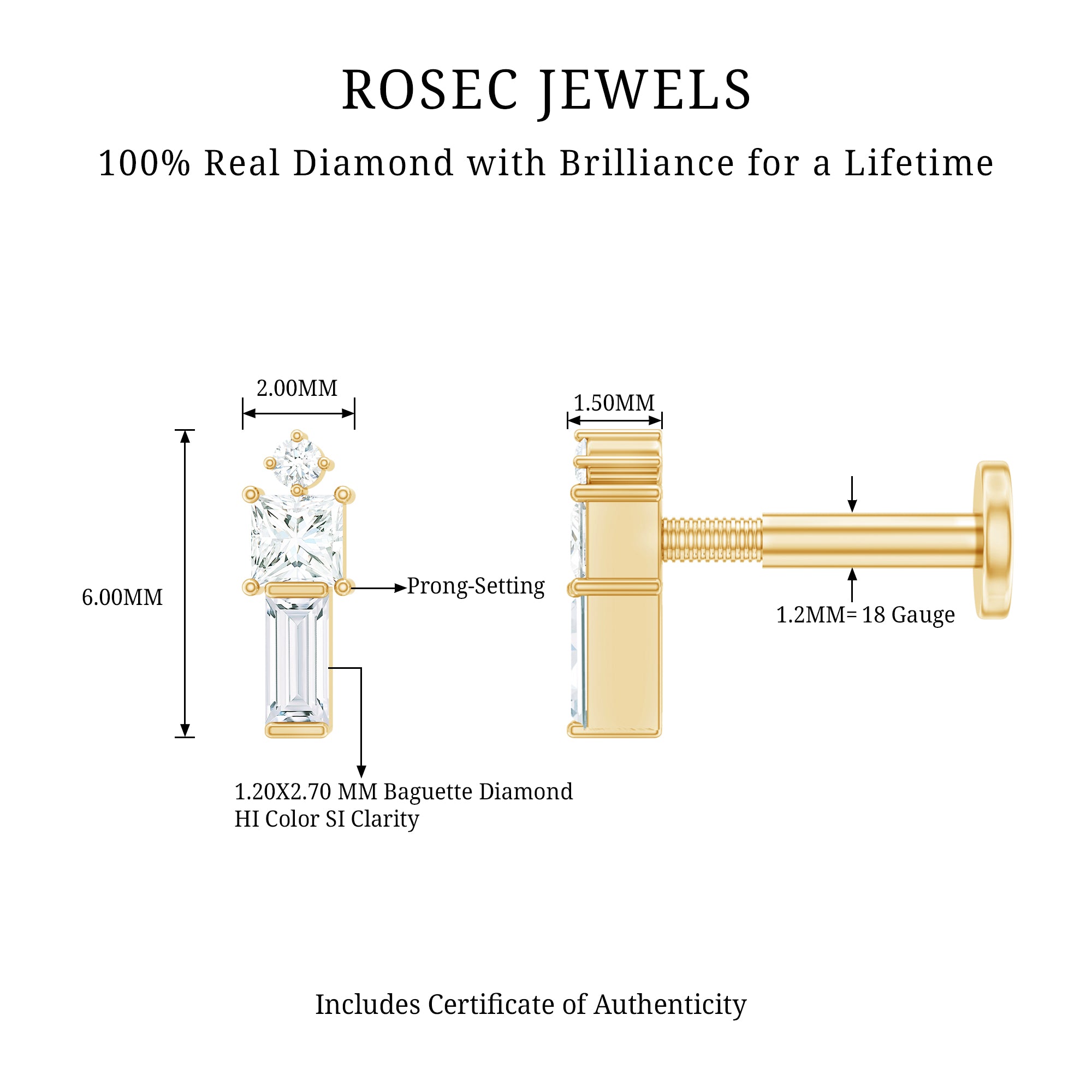 Genuine Diamond Three Stone Bar Tragus Earring Natural - ( HI-SI ) - Rosec Jewels