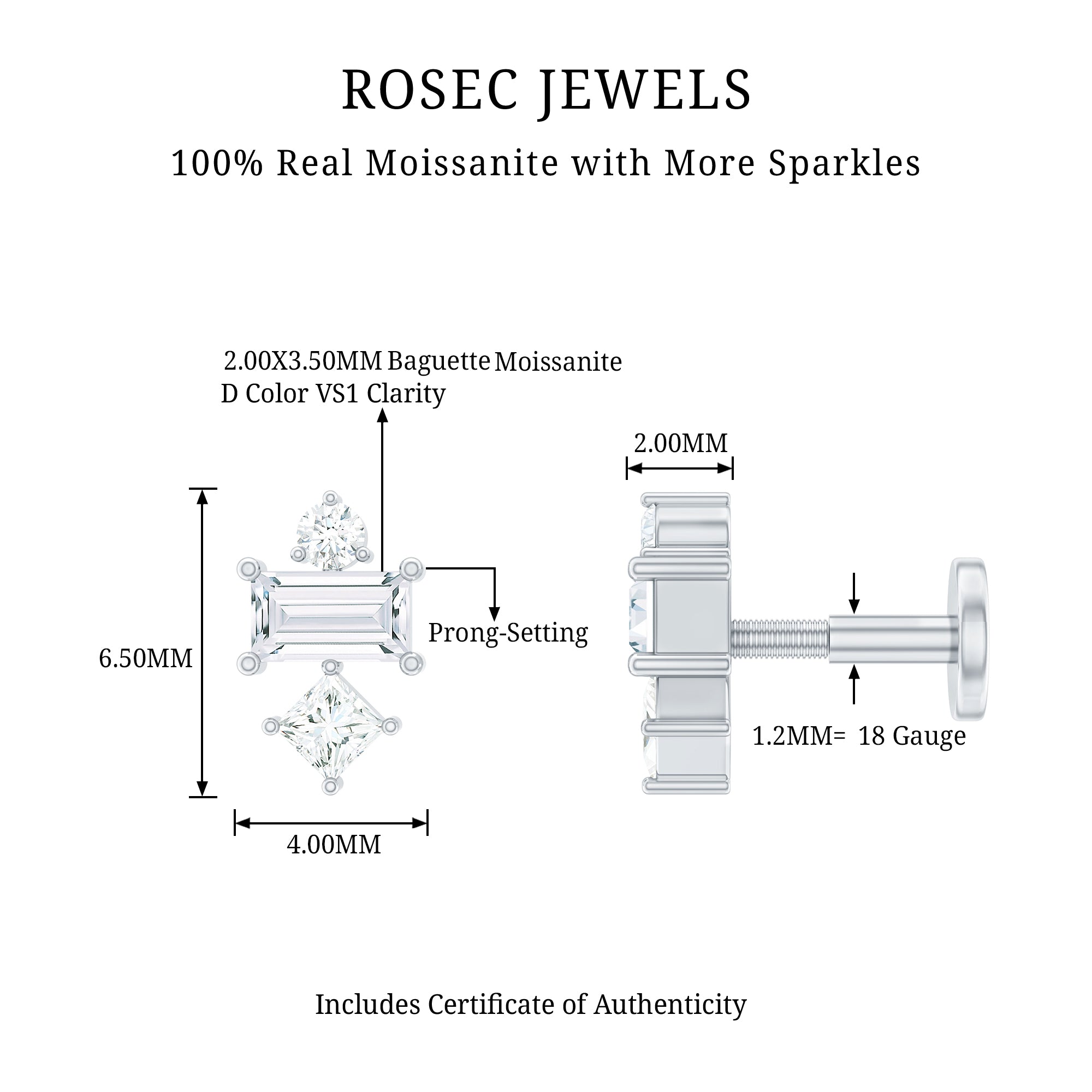 Unique Moissanite Tragus Earring with Flat Back D-VS1 - Rosec Jewels