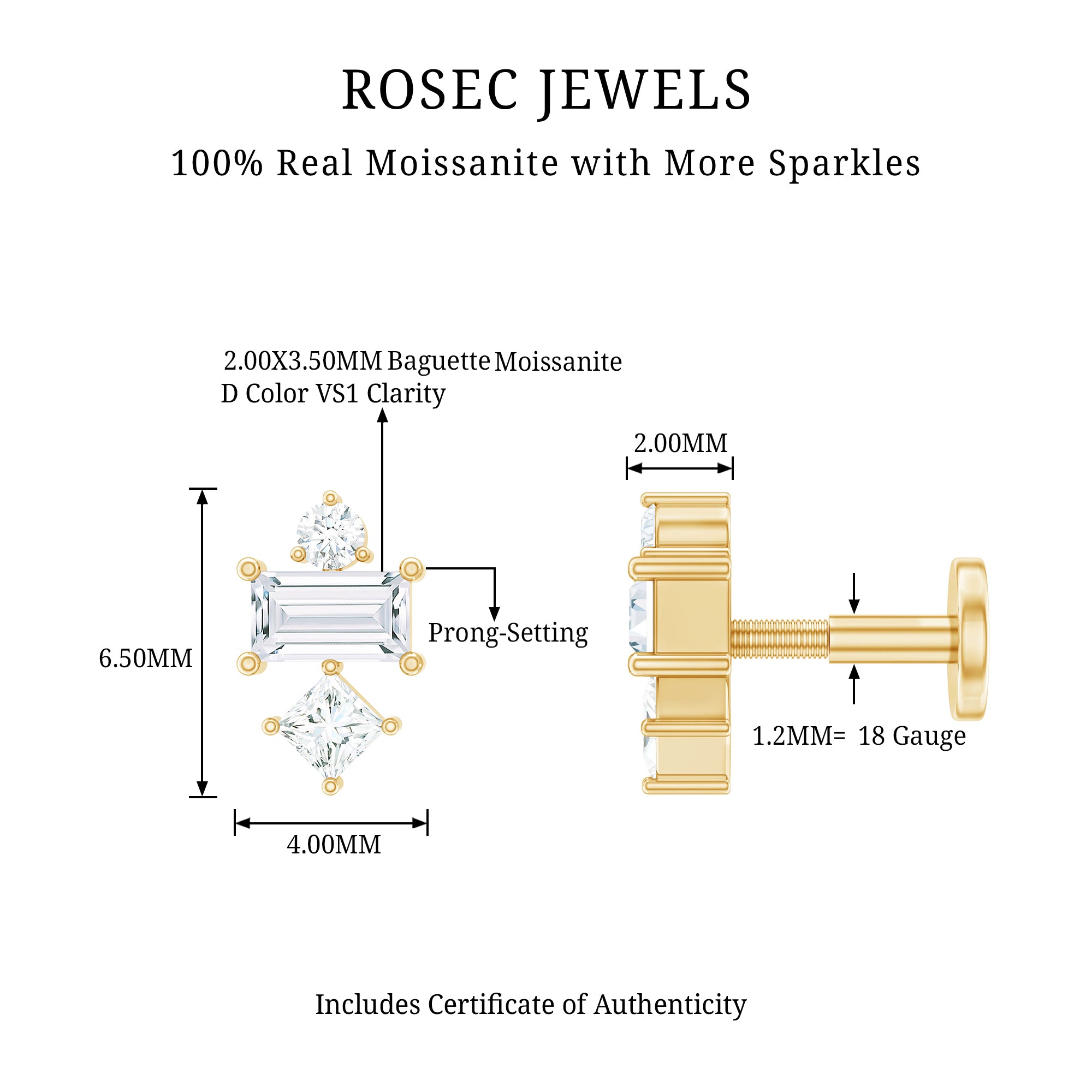 Unique Moissanite Tragus Earring with Flat Back D-VS1 - Rosec Jewels