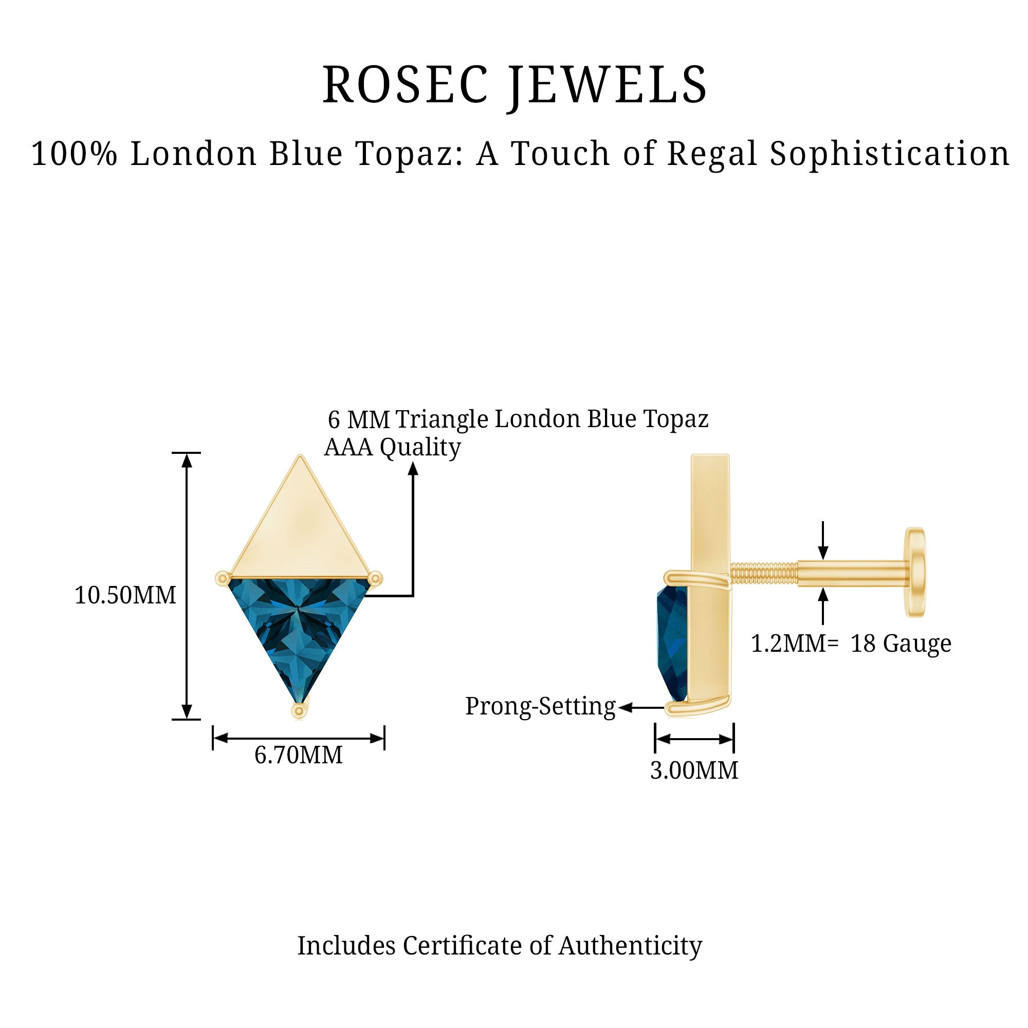 Triangle London Blue Topaz Geometric Earring AAA - Rosec Jewels