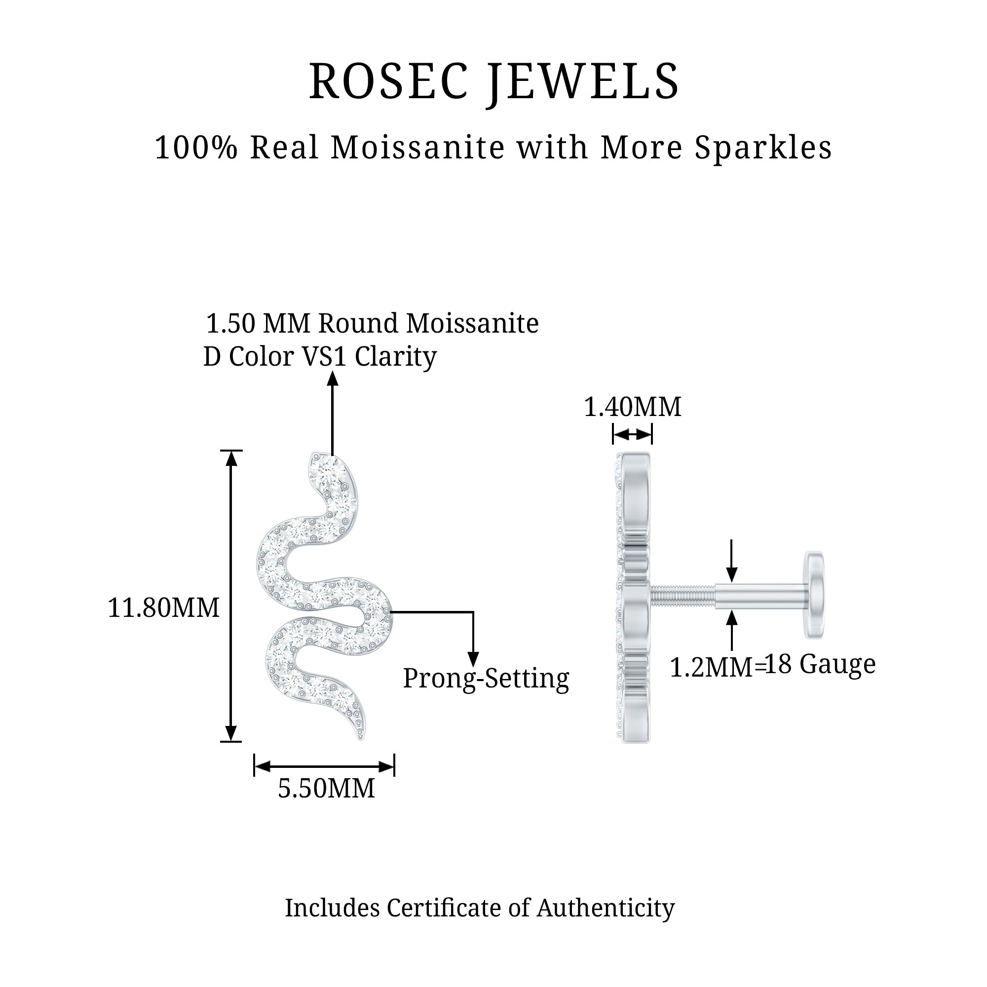 Unique Moissanite Snake Crawler Cartilage Earring D-VS1 - Rosec Jewels