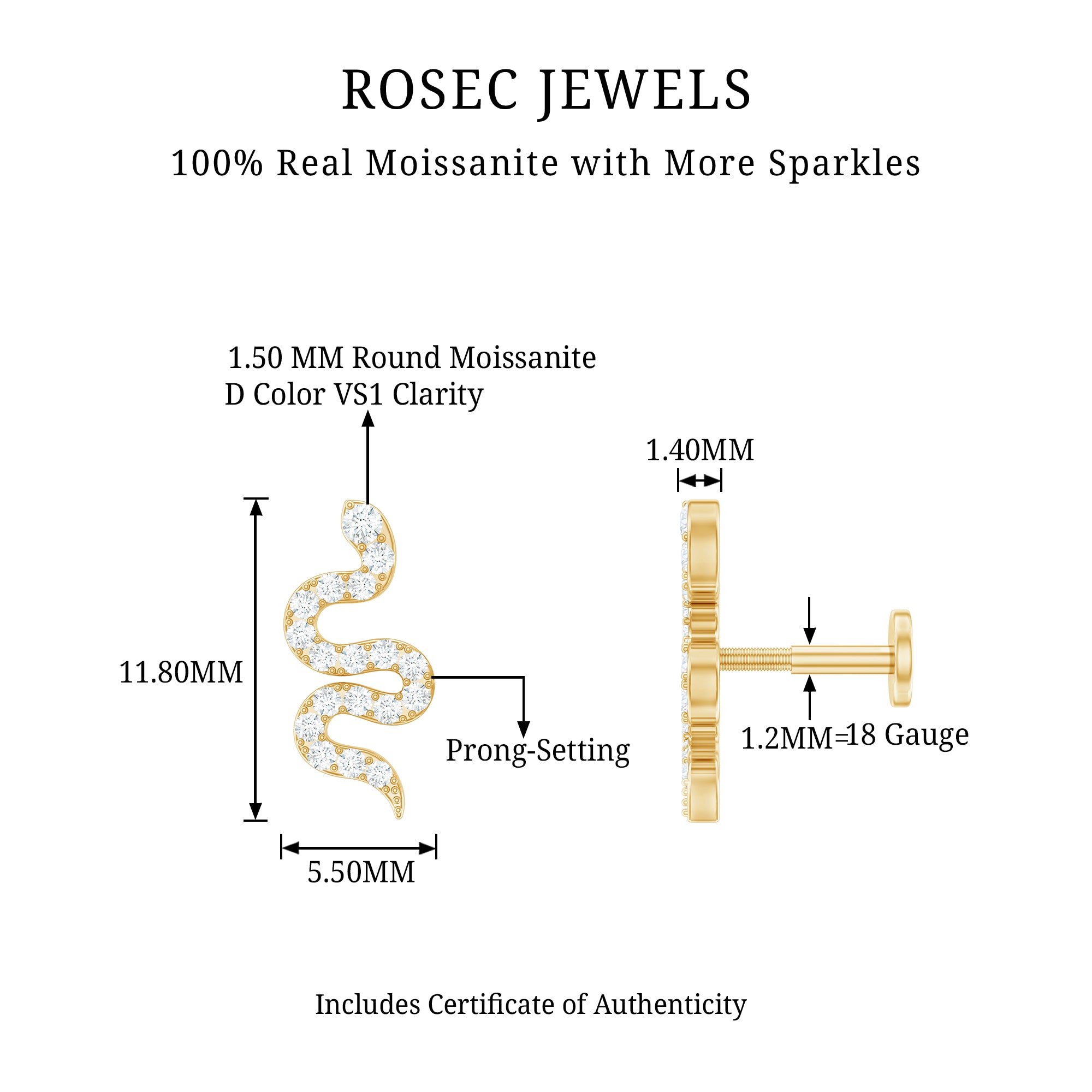 Unique Moissanite Snake Crawler Cartilage Earring D-VS1 - Rosec Jewels