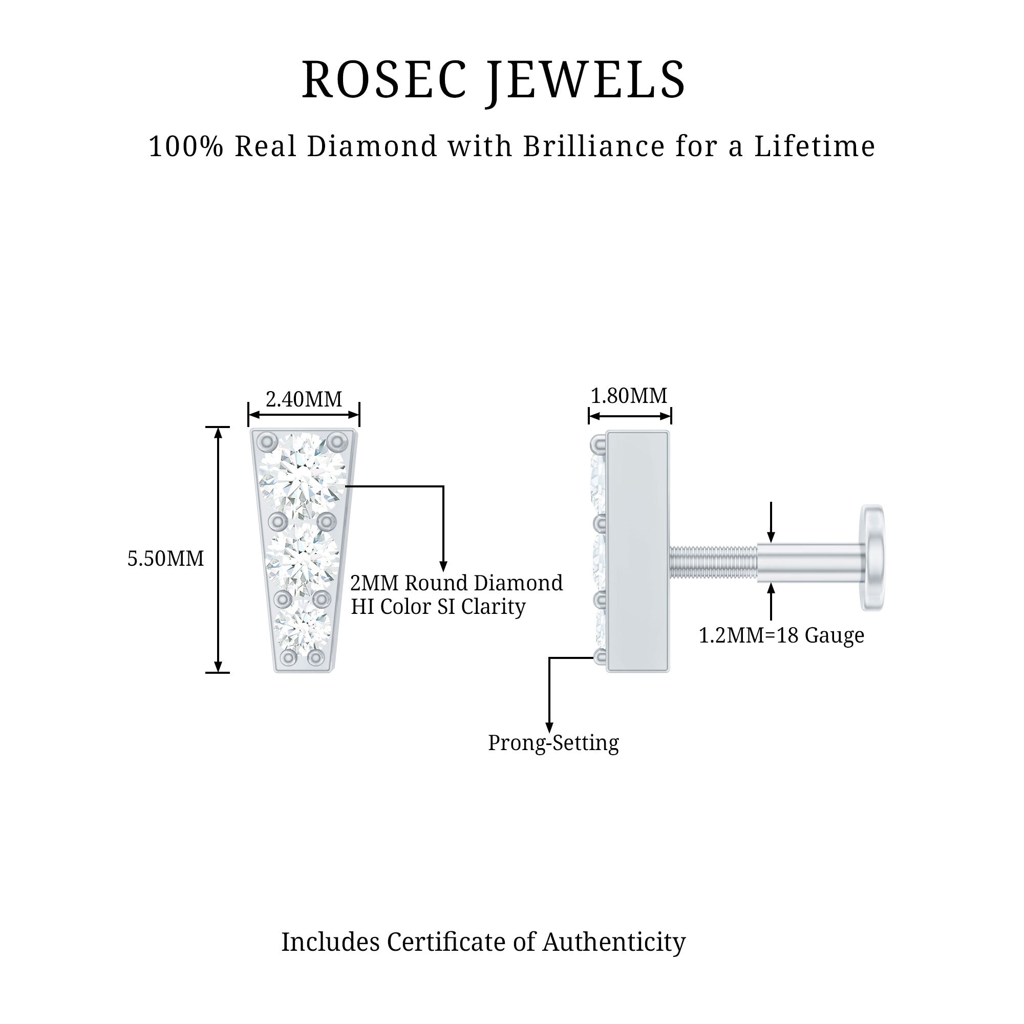 Minimal Diamond Unique Earring for Tragus Piercing Natural - ( HI-SI ) - Rosec Jewels