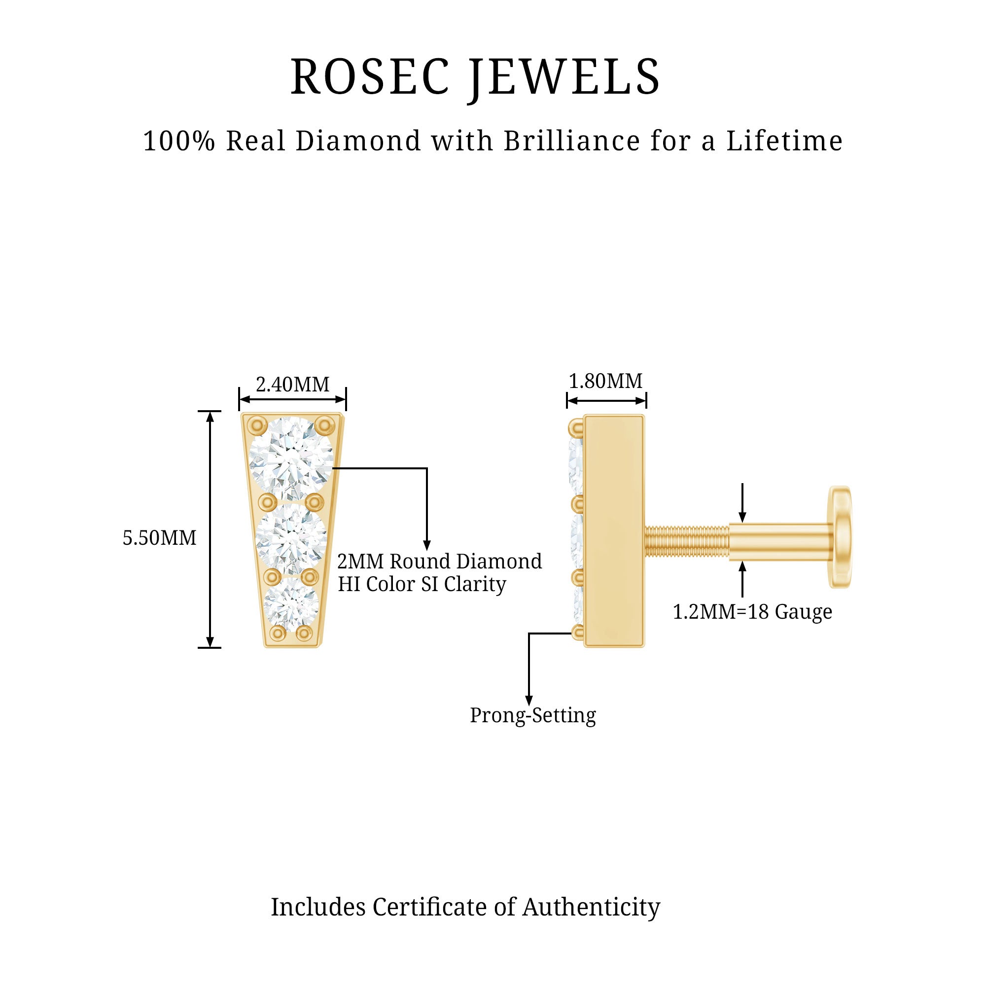 Minimal Diamond Unique Earring for Tragus Piercing Natural - ( HI-SI ) - Rosec Jewels