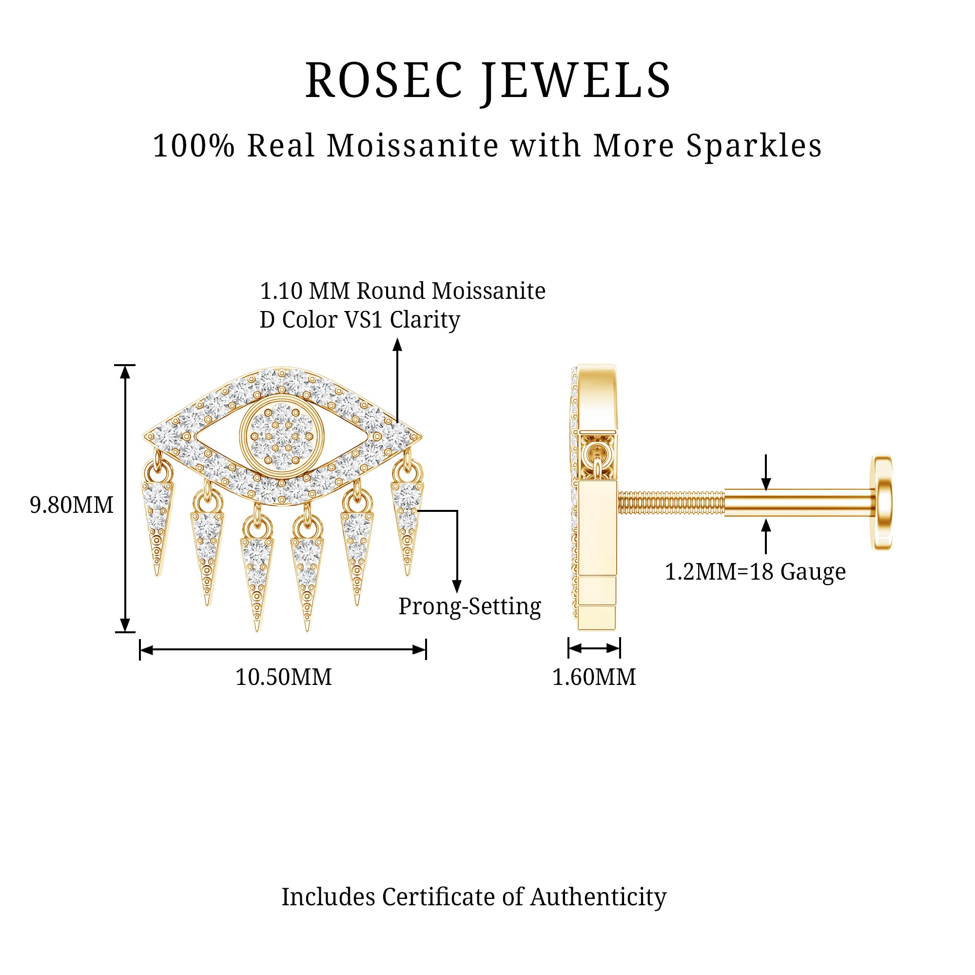 Unique Moissanite Evil Eye Earring for Cartilage Piercing D-VS1 - Rosec Jewels