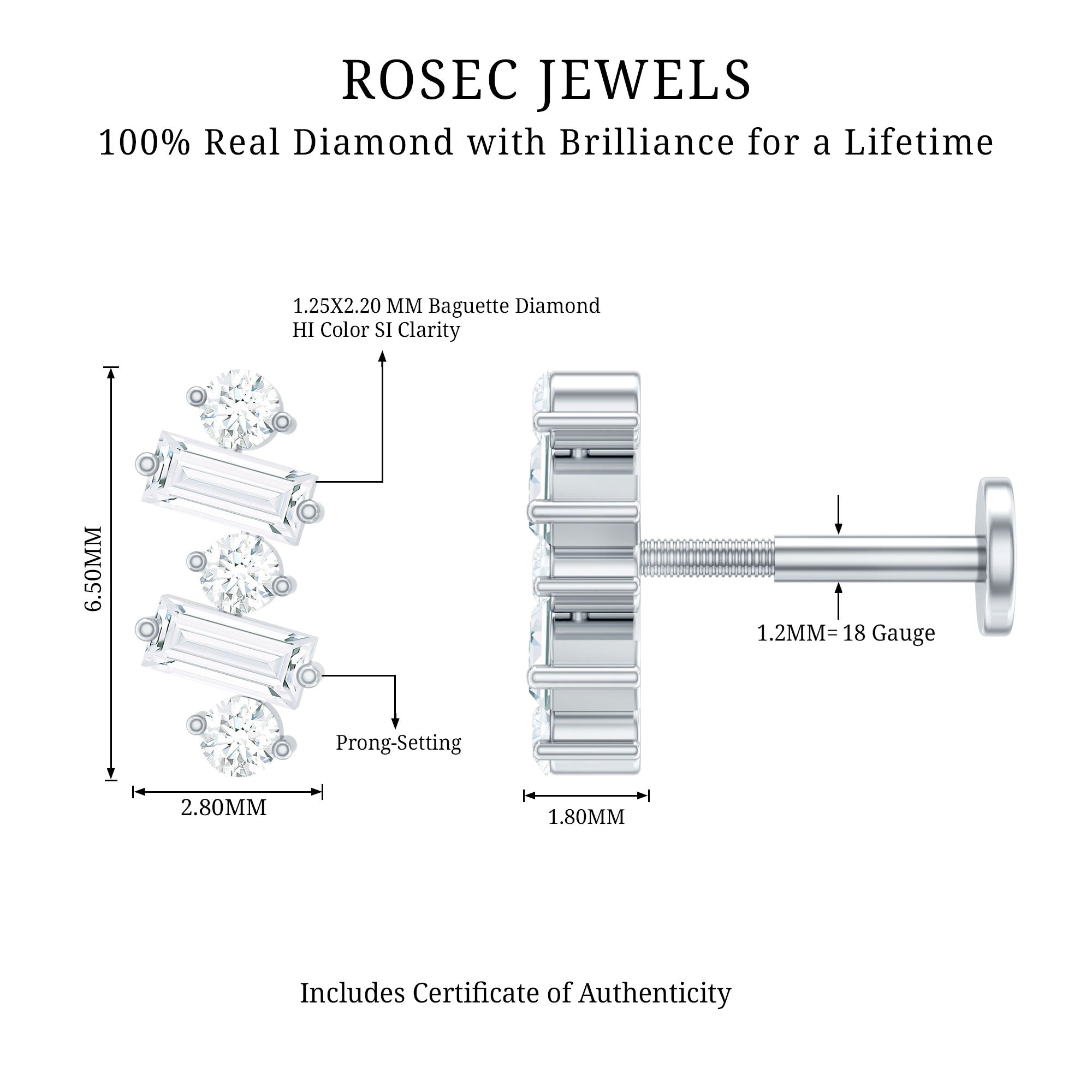 Genuine Baguette Diamond Tragus Earring With Certificate Natural - ( HI-SI ) - Rosec Jewels