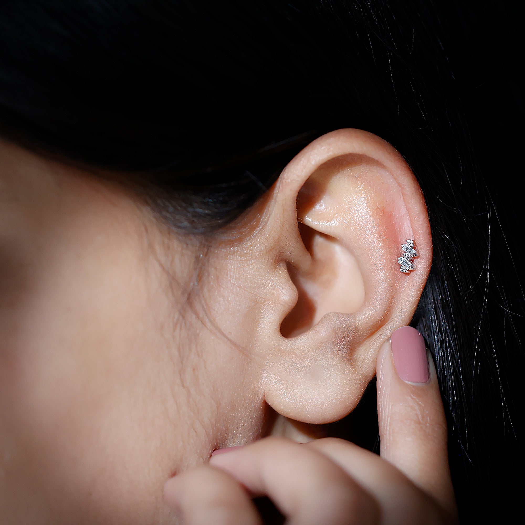 Genuine Baguette Diamond Tragus Earring With Certificate Natural - ( HI-SI ) - Rosec Jewels