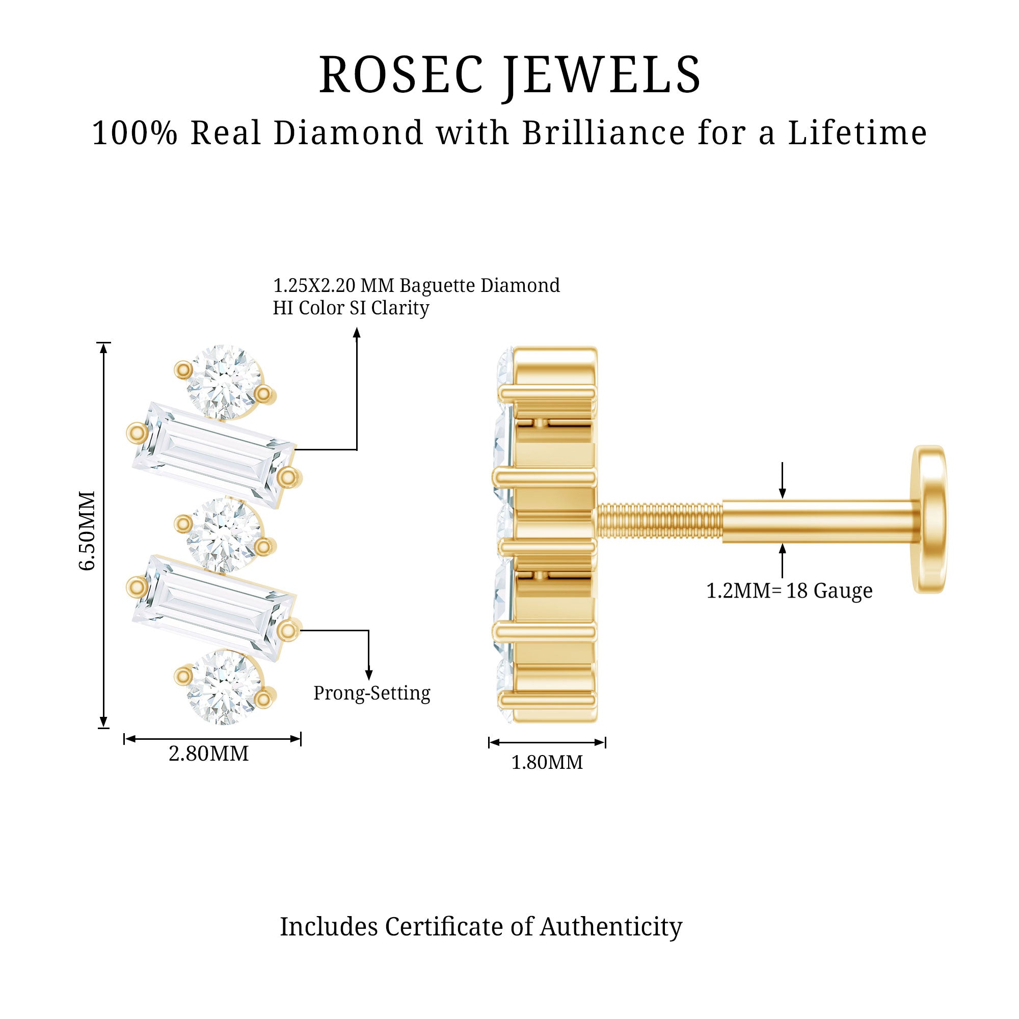Genuine Baguette Diamond Tragus Earring With Certificate Natural - ( HI-SI ) - Rosec Jewels