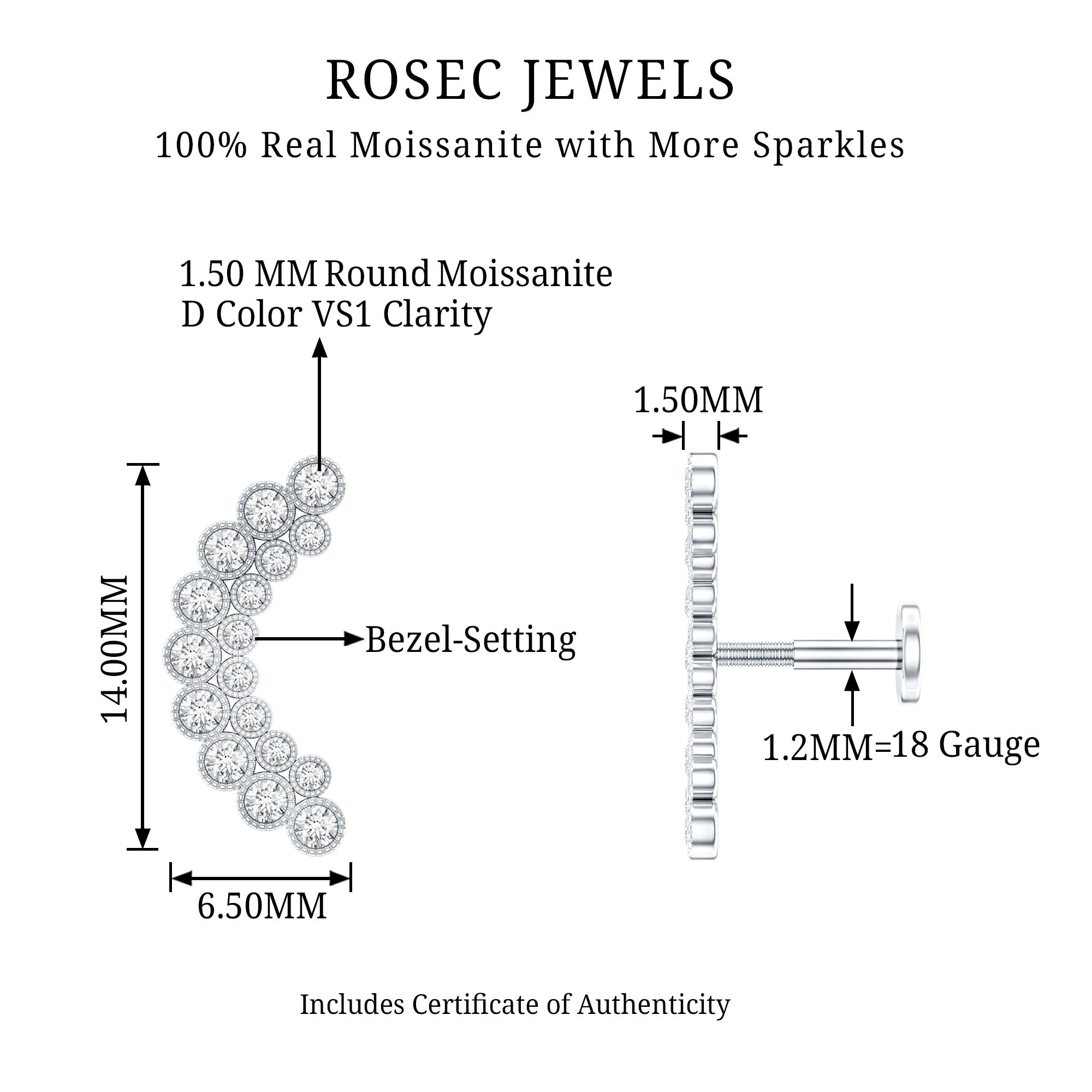 Moissanite Curved Helix Earring in Milgrain Bezel Setting D-VS1 - Rosec Jewels