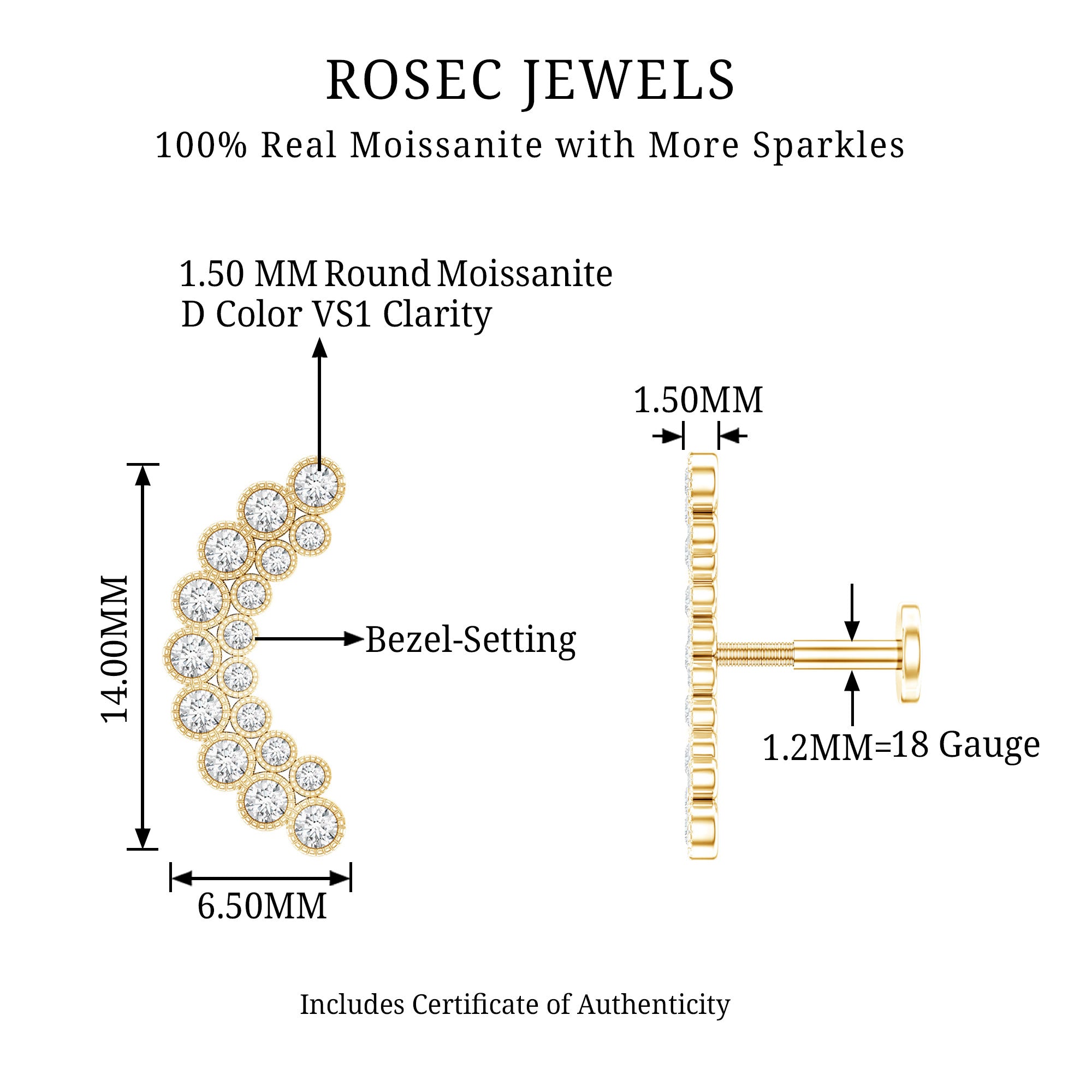 Moissanite Curved Helix Earring in Milgrain Bezel Setting D-VS1 - Rosec Jewels