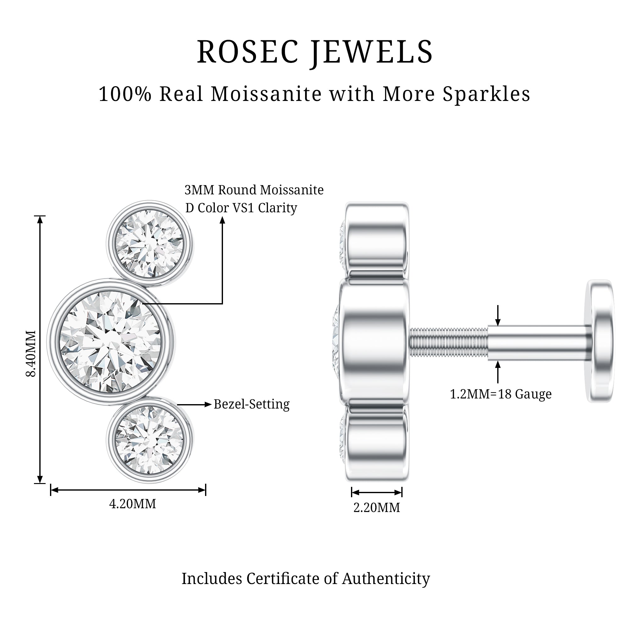 Certified Moissanite Three Stone Crawler Helix Earring D-VS1 - Rosec Jewels