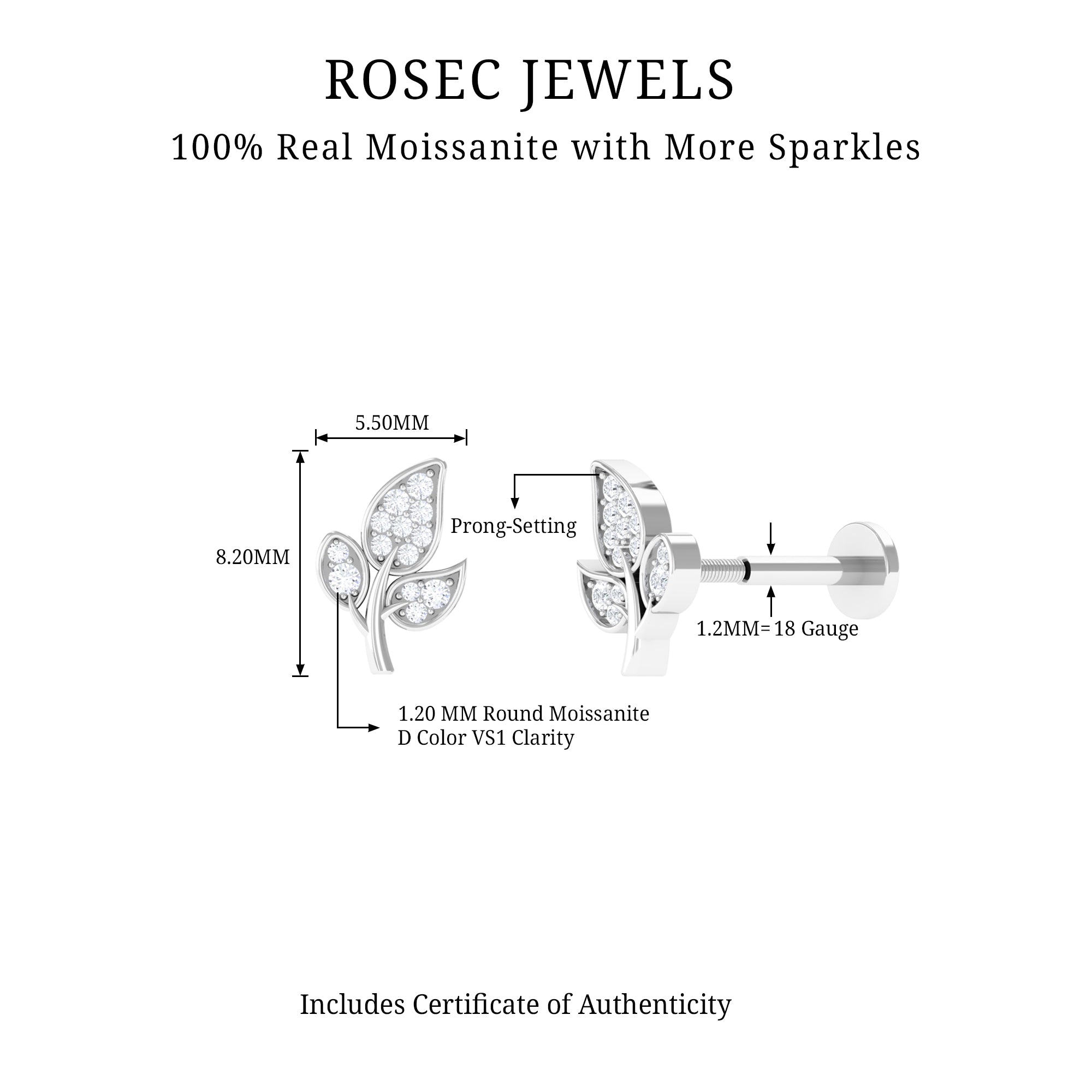 Dainty Moissanite Leaf Earring for Cartilage Piercing D-VS1 - Rosec Jewels