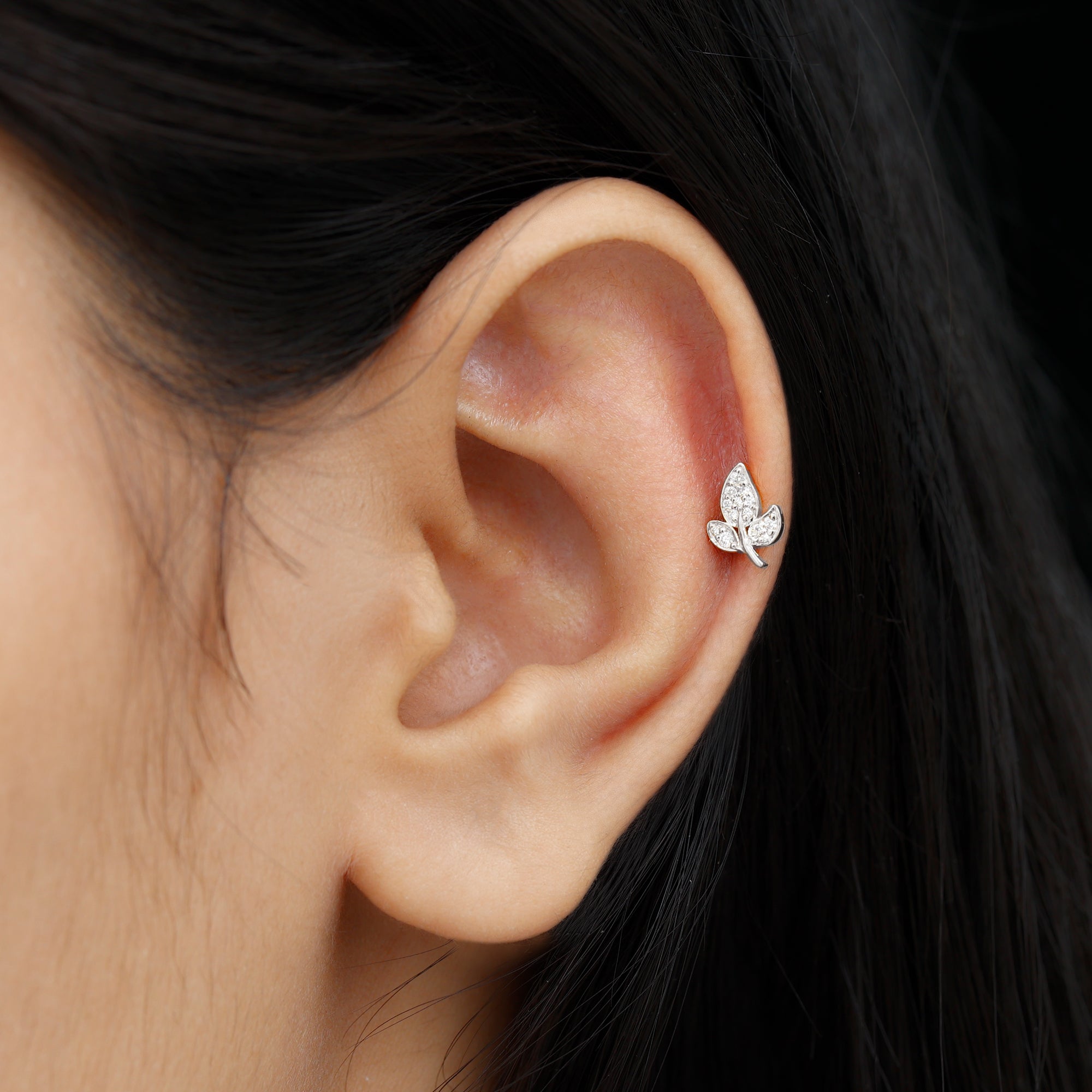 Dainty Moissanite Leaf Earring for Cartilage Piercing D-VS1 - Rosec Jewels