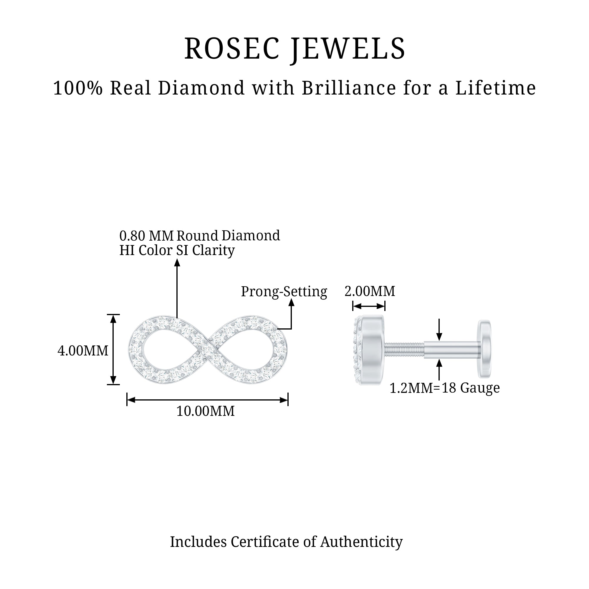 Round Diamond Infinity Earring for Cartilage Piercing Natural - ( HI-SI ) - Rosec Jewels