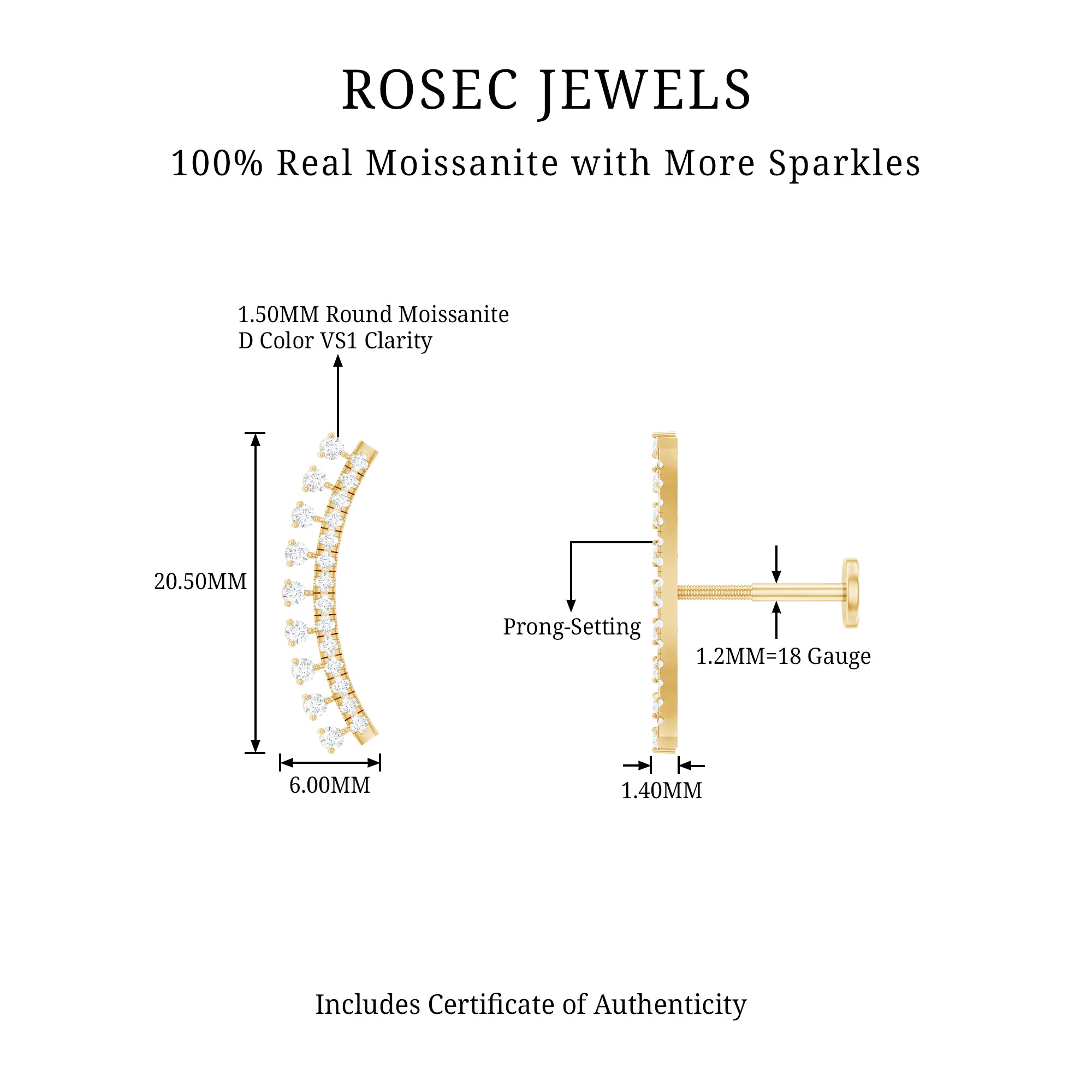 Certified Moissanite Curved Crawler Earring D-VS1 - Rosec Jewels